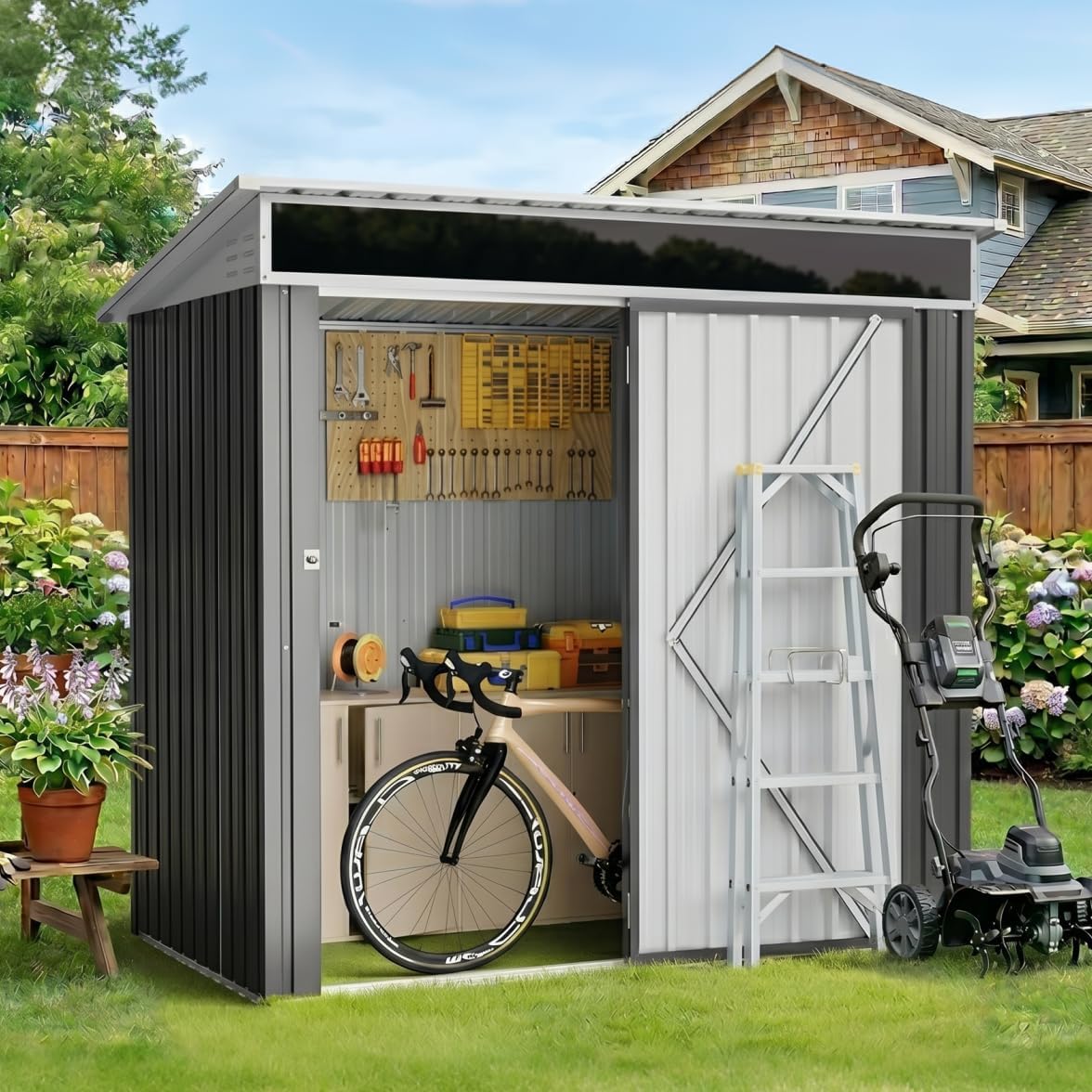Vongrasig 6x4 FT Outdoor Storage Shed, Metal Lean to Shed with Window and Lockable Door, All-Weather Graden Tool Shed for Backyard Garden Patio Lawn