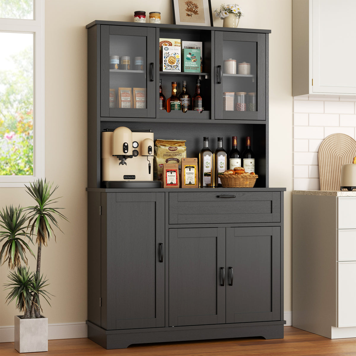 Vongrasig Farmhouse Tall Pantry Cabinet with Acrylic Doors, Large Kitchen Hutch Storage Cabinet for Dining Room, Food Pantry Organization, Microwave Stand