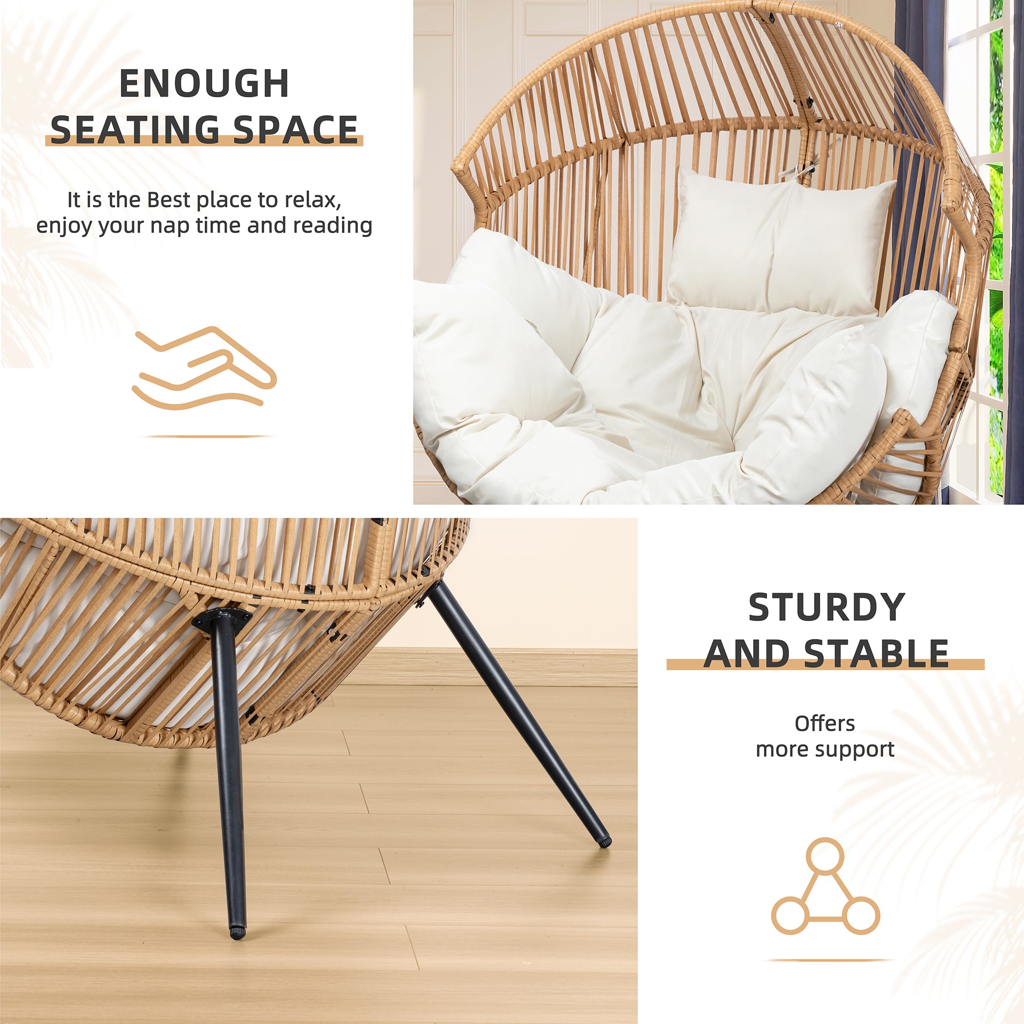 Vongrasig Outdoor Wicker Egg Chair PE Rattan Chair with Cushion, Oversized Patio Lounge Chair for Outdoor, Indoor, Balcony, Backyard, Garden