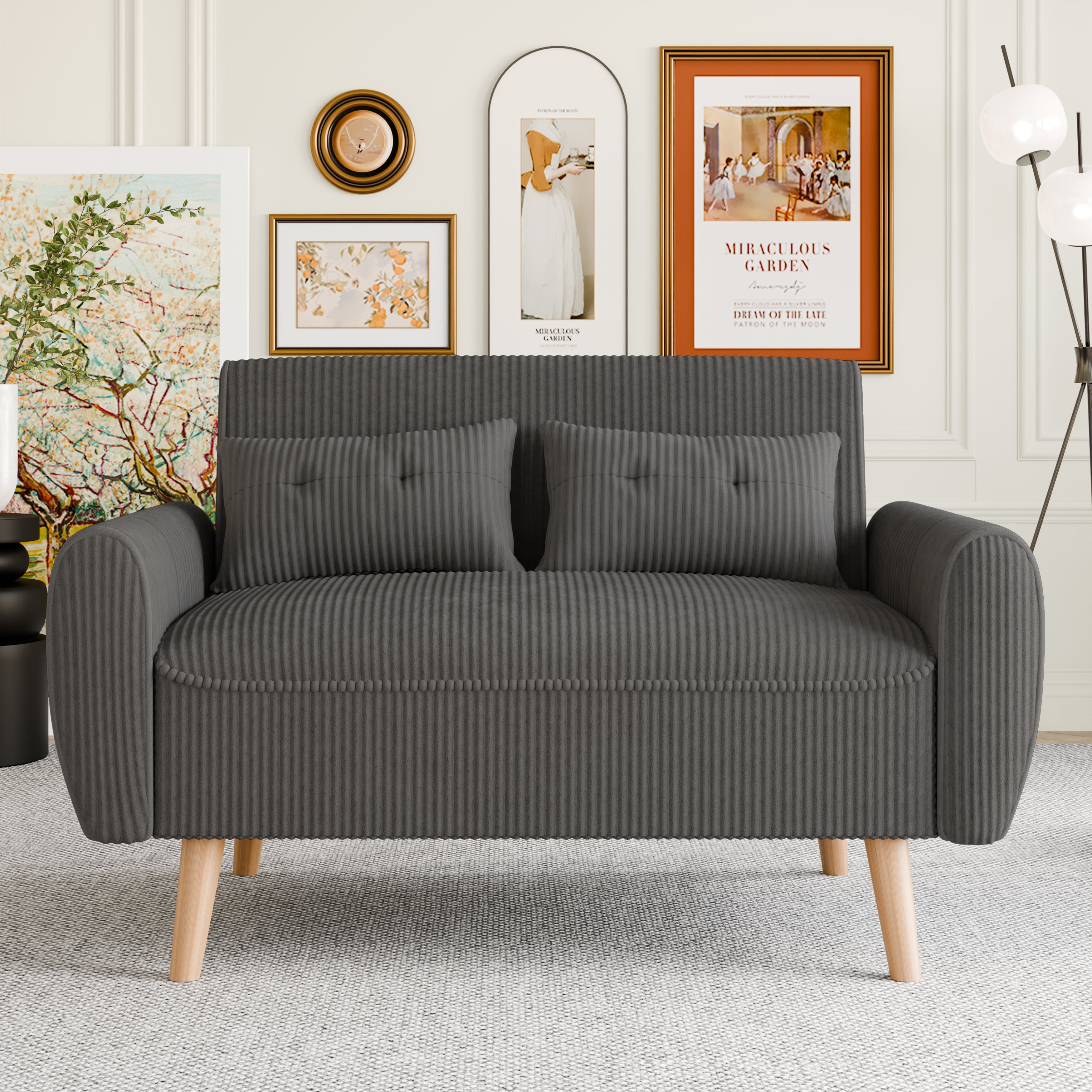 Vongrasig 48" Small Modern Loveseat Sofa, Mid Century Soft Corduroy Fabric 3-Seat Sofa Couch Tufted with Back Cushions and Tapered Legs for Living Room, Bedroom and Small Space