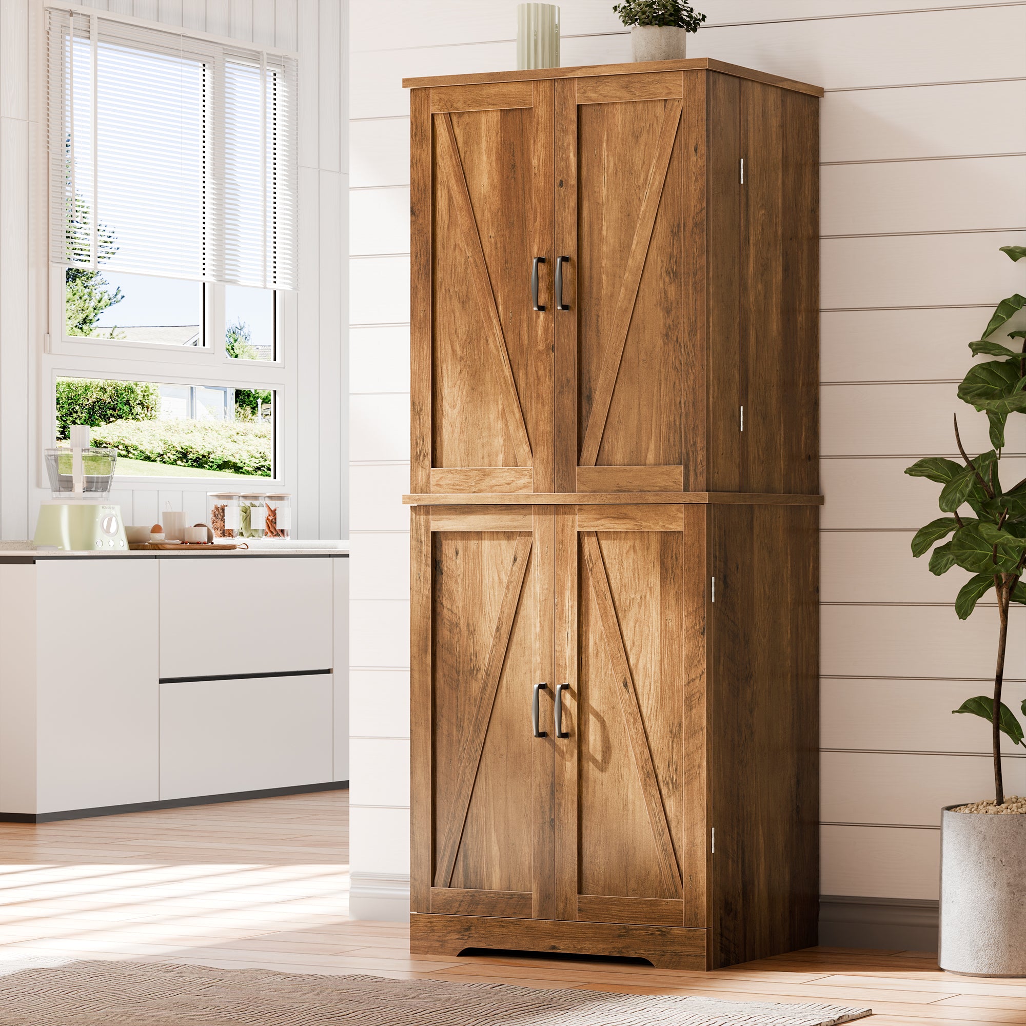 Vongrasig Kitchen Pantry Storage Cabinet with Barn Doors, Drawer and Adjustable Shelves, 6-Tier Tall Rustic Wood Cupboard Locker for Kitchen, Dining Room, Living Room, Bathroom