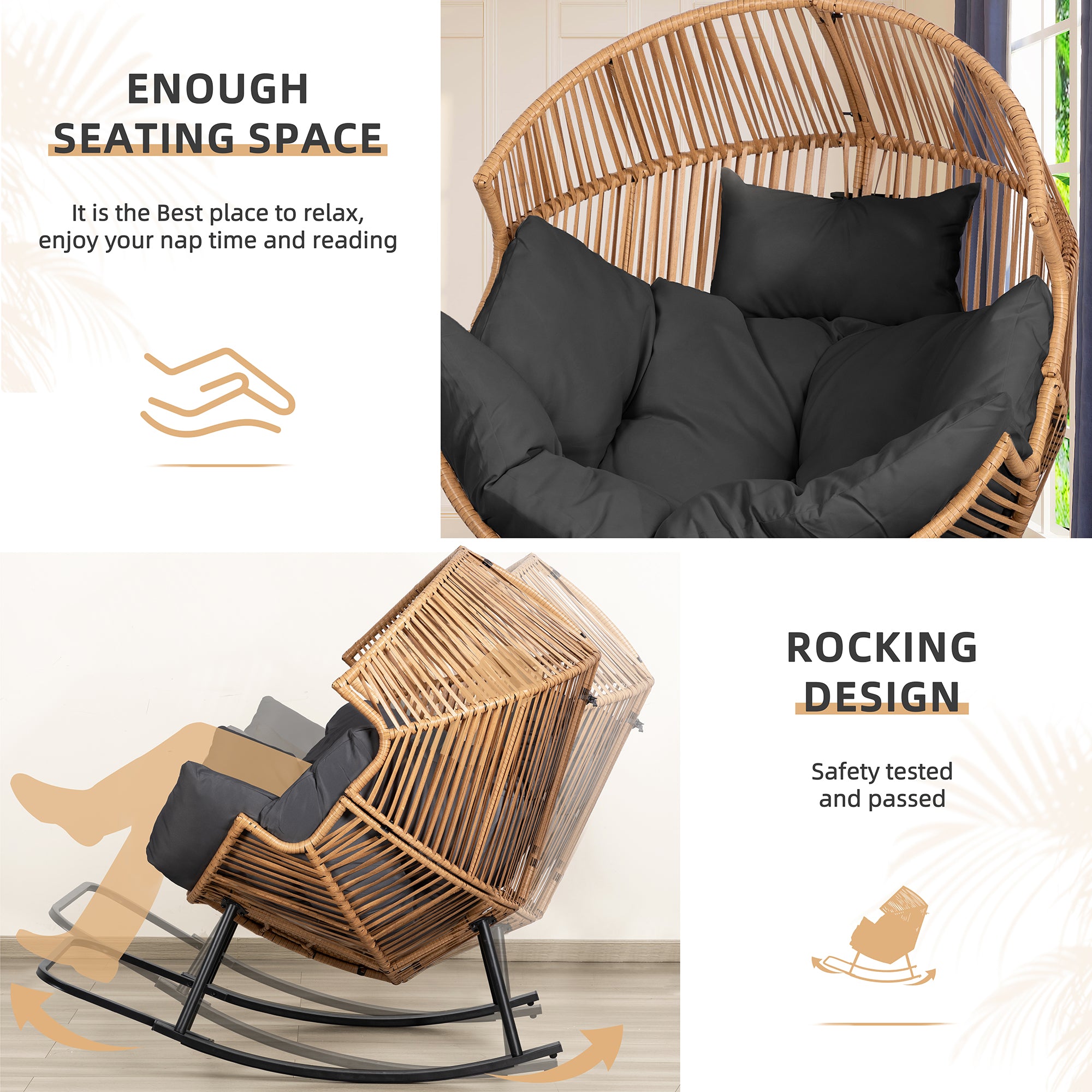 Vongrasig Outdoor Wicker Egg Chair PE Rattan Chair with Cushion, Oversized Patio Lounge Chair for Outdoor, Indoor, Balcony, Backyard, Garden