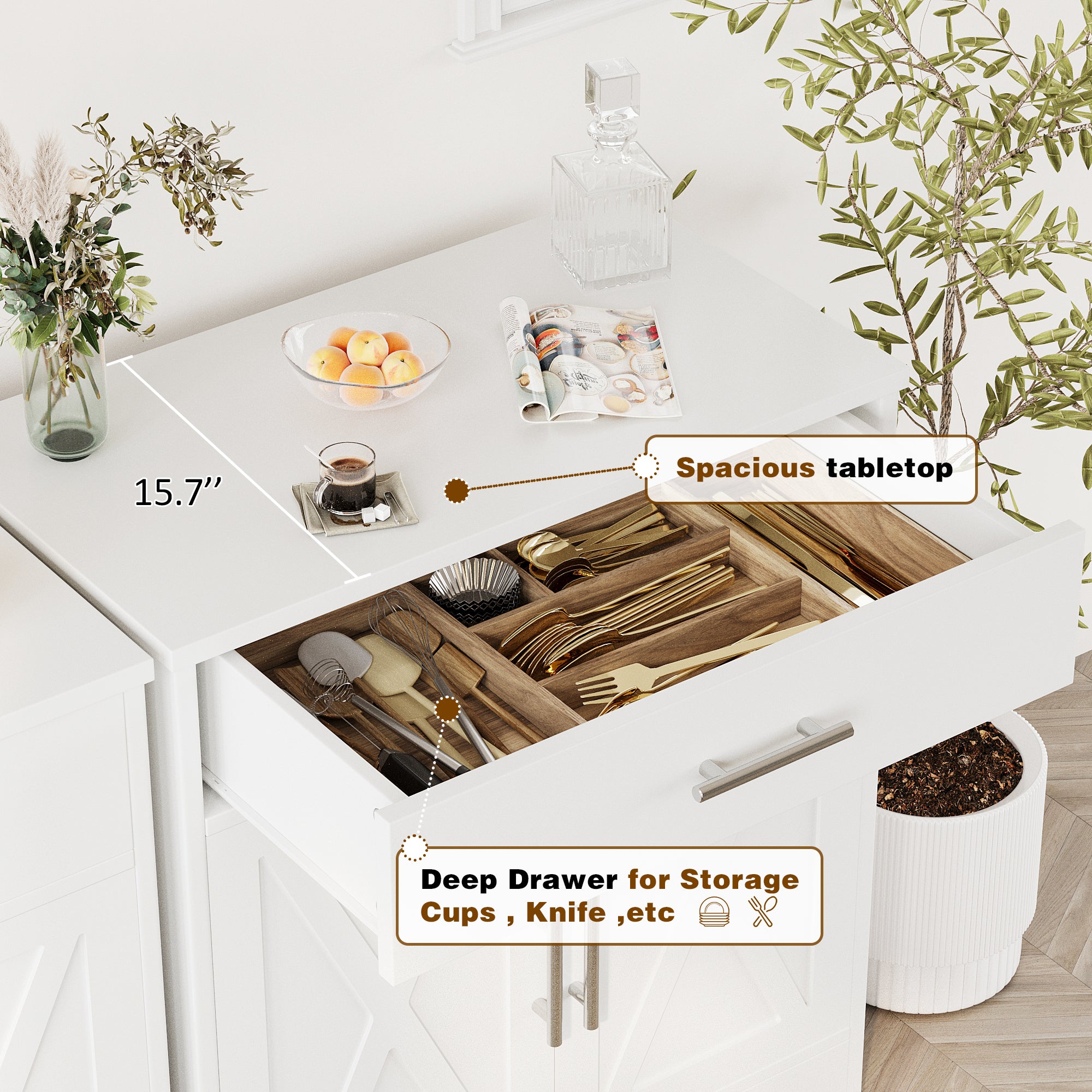 Vongrasig Farmhouse Coffee Bar Cabinet, Small Sideboard Buffet with Storage, Modern Kitchen Storage Cabinet with 1 Drawer and 2 Doors for Kitchen, Dining Room