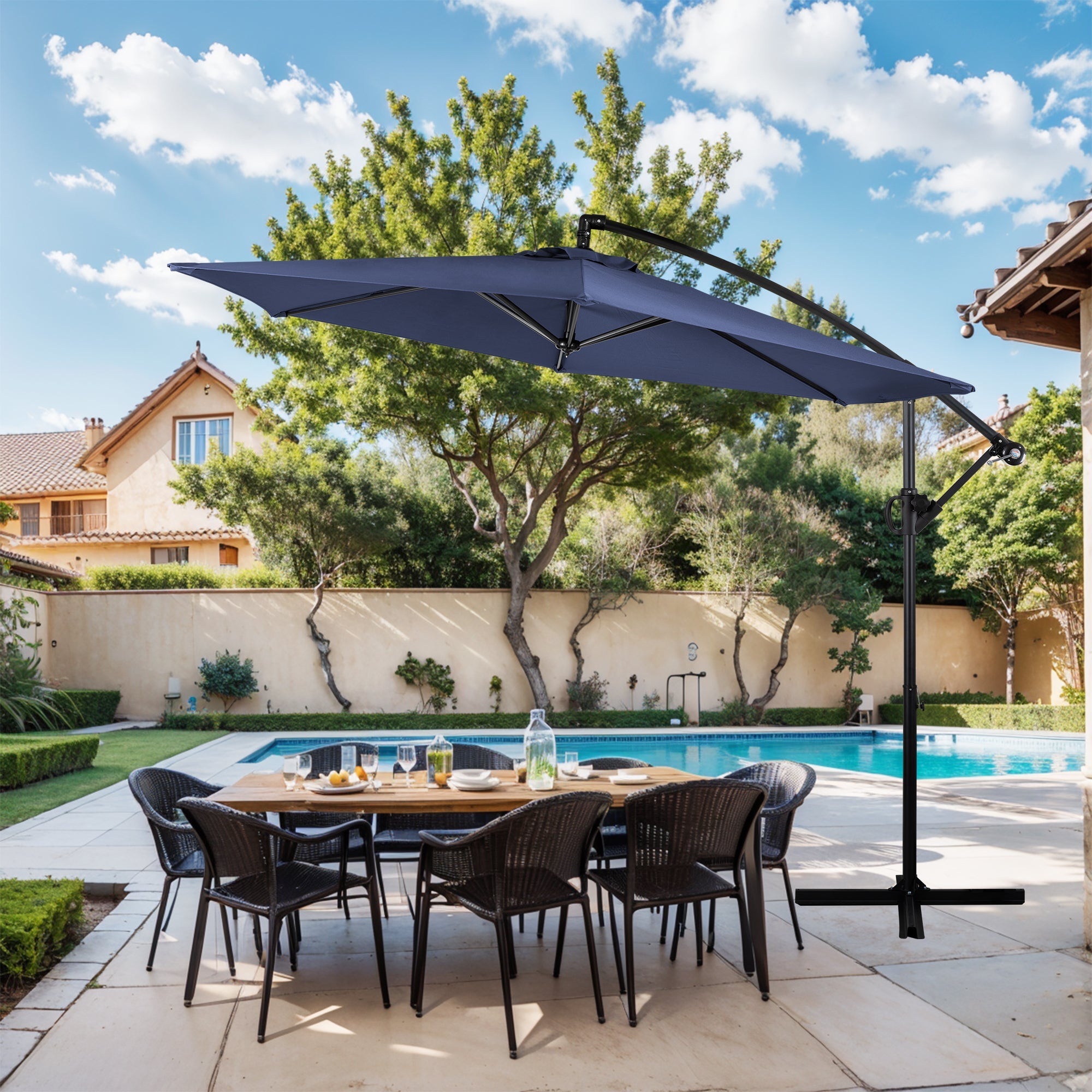 Walsunny Patio Offset Umbrella Easy Tilt Adjustment,Crank and Cross Base, Outdoor Cantilever Hanging Umbrella with 8 Ribs (7504185786544)