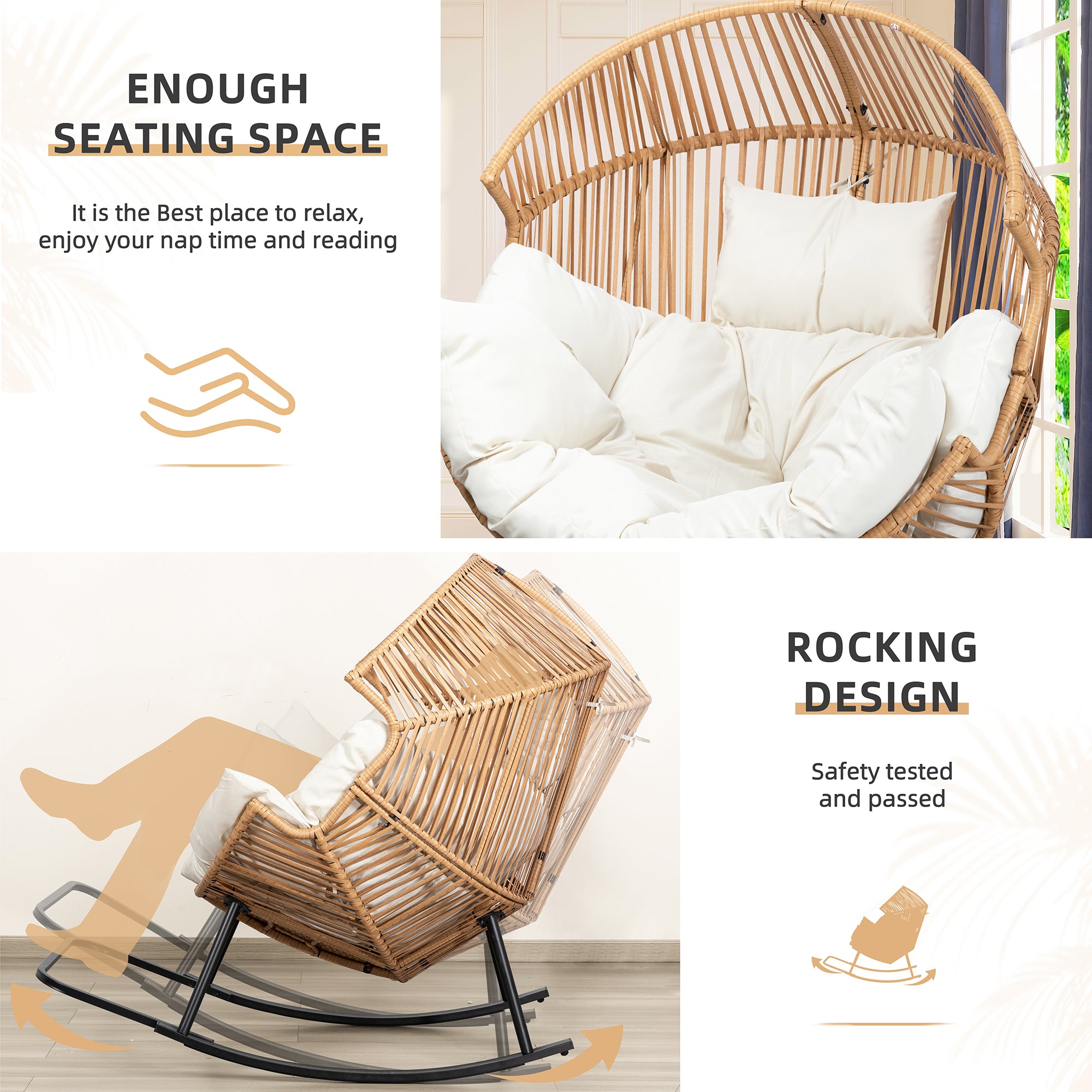 Vongrasig Outdoor Wicker Egg Chair PE Rattan Chair with Cushion, Oversized Patio Lounge Chair for Outdoor, Indoor, Balcony, Backyard, Garden