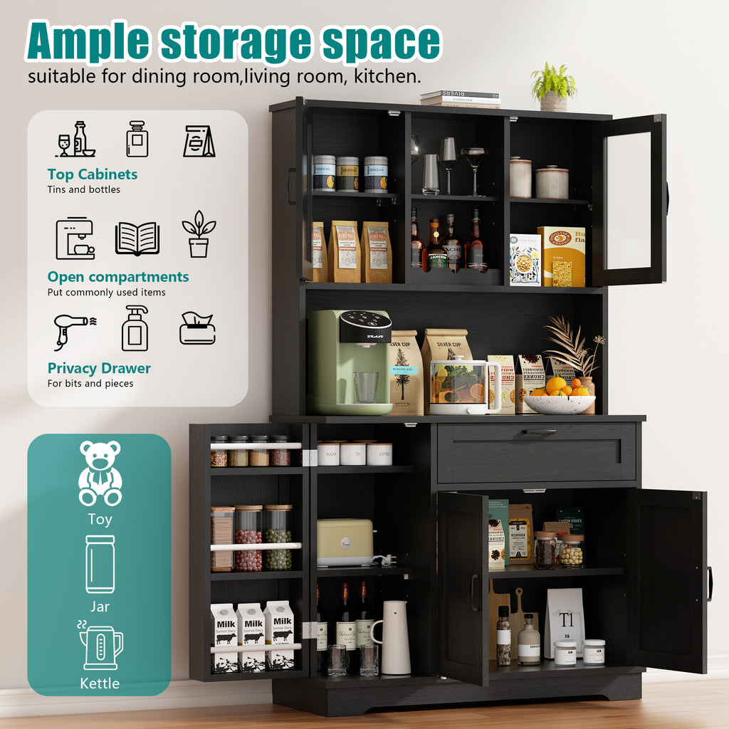 Vongrasig Kitchen Pantry Cabinet, Farmhouse Kitchen Hutch Tall Storage Cabinet with Doors and Shelves, Modern Food Pantry for Dining Room