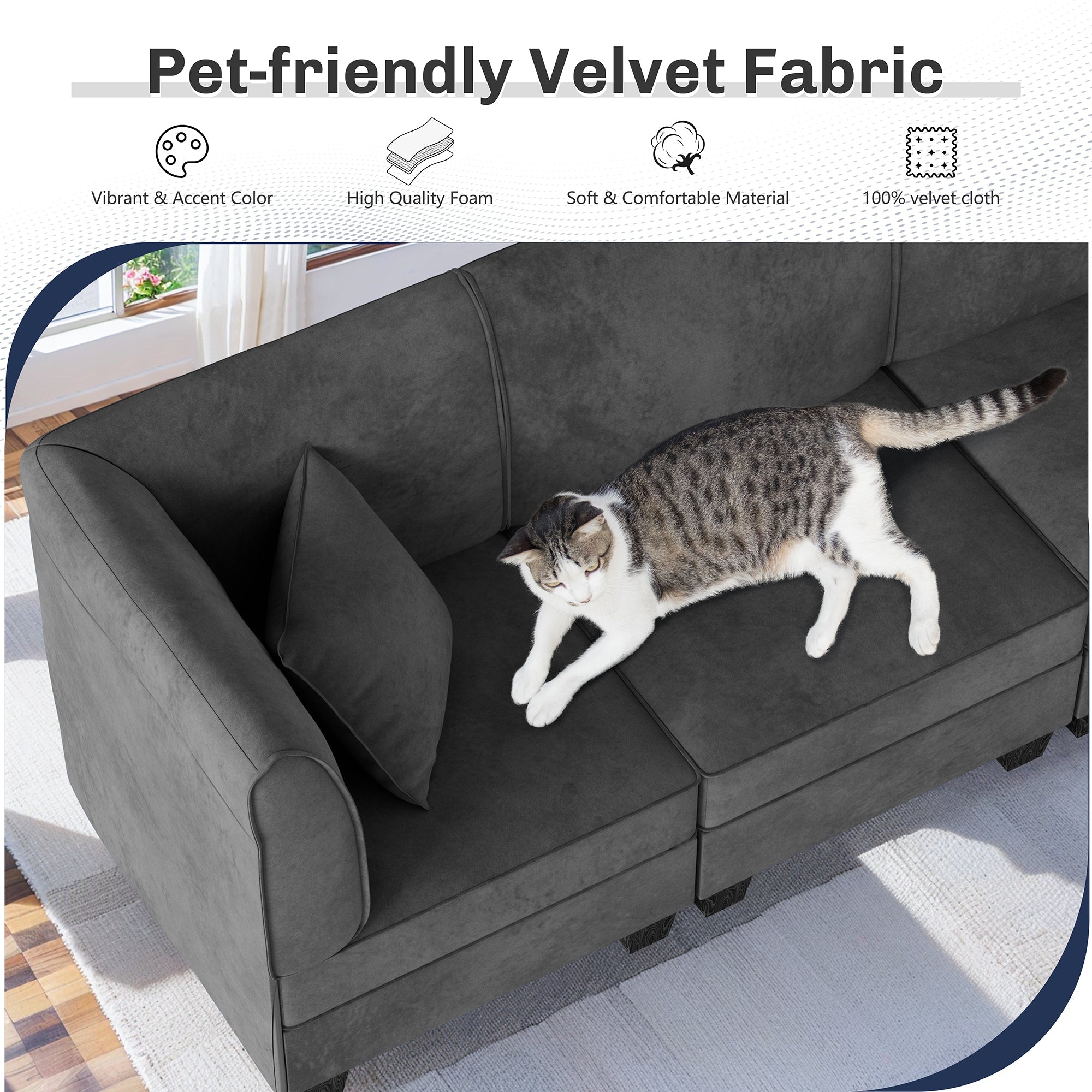 Walsunny Velvet 5 Pieces Modular Sectional Sofa L-Shaped Couch With Reversible Chaise (7223391125680)