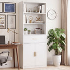 Vongrasig 71” Tall Bookshelf, Wood Bookcase with 1 Drawer & 2 Doors, 6 Tier Bookshelf with Storage, Display Book Shelf with Adjustable Shelf for Home Office, Living Room, Narrow Space