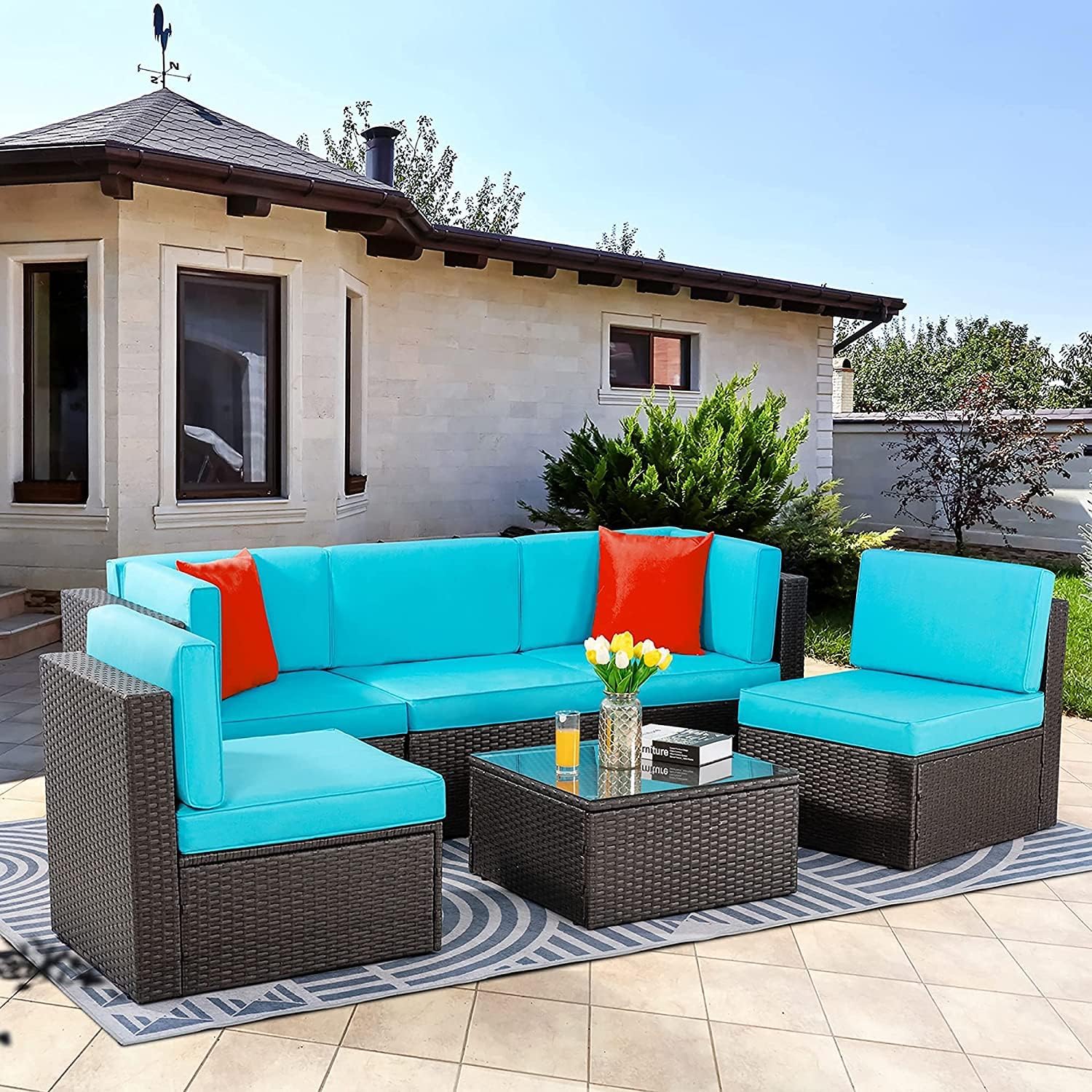 Vongrasig Patio Furniture Sets, Outdoor Patio Set Sectional Sofa, All-Weather PE Rattan Outdoor Couch with Ottoman, Glass Table for Garden, Backyard, Porch