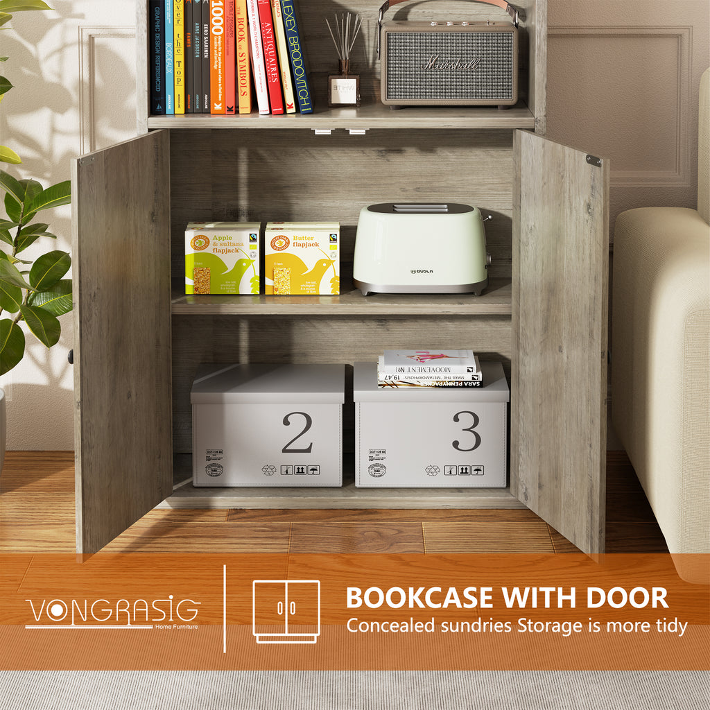 Vongrasig Farmhouse Bookcase with Doors & Storage, Tall 6-Tier Wood Bookshelf for Home Office Organization, Living Room Display, and Bedroom Storage Alternatives, 71-Inch Standing Shelf