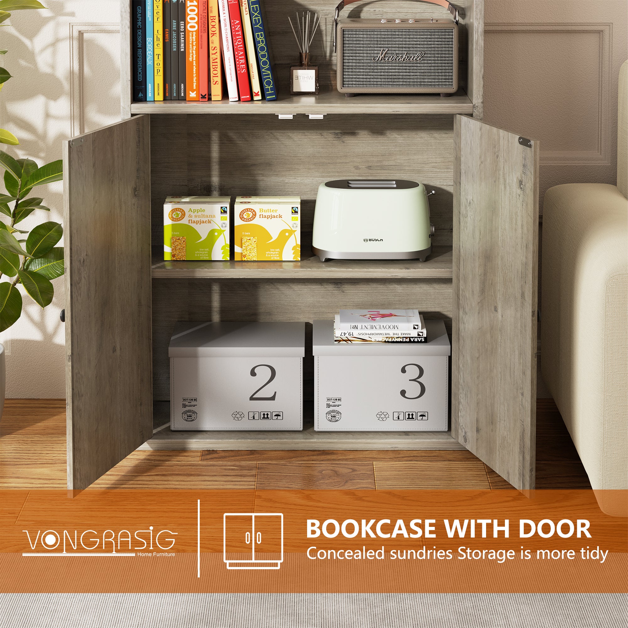 Vongrasig Farmhouse Bookcase with Doors & Storage, Tall 6-Tier Wood Bookshelf for Home Office Organization, Living Room Display, and Bedroom Storage Alternatives, 71-Inch Standing Shelf