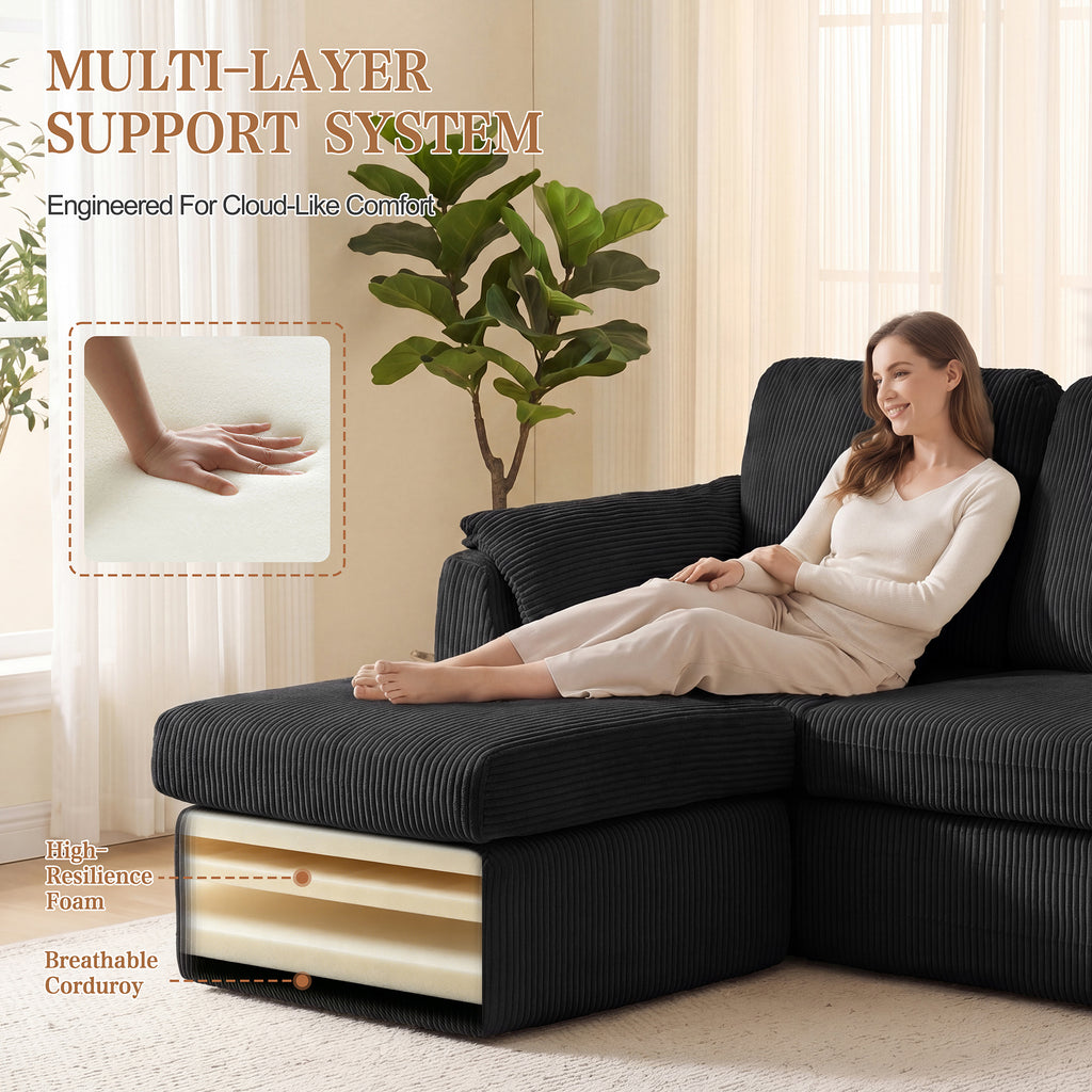 Vongrasig Boneless Convertible Sectional Sofa Couch, 3 Seat L Shaped Sofa with Removable Pillows Plush Corduroy Fabric Small Couches for Living Room, Apartment and Office