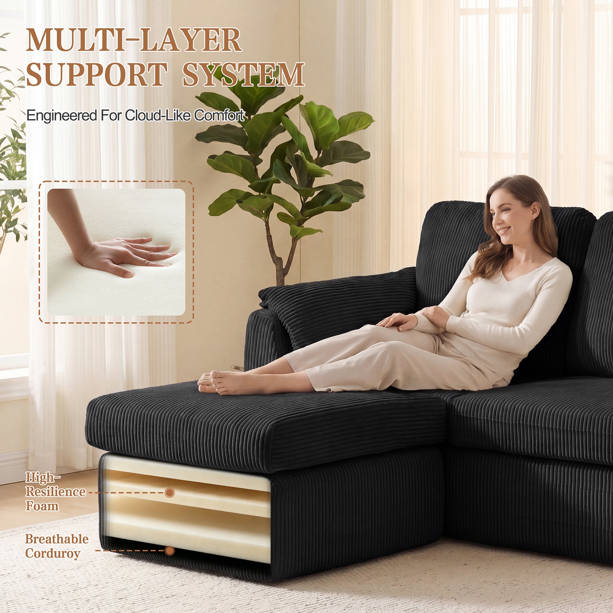 Vongrasig Boneless Convertible Sectional Sofa Couch, 3 Seat L Shaped Sofa with Removable Pillows Plush Corduroy Fabric Small Couches for Living Room, Apartment and Office