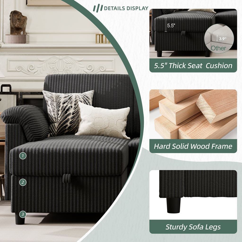 Vongrasig 79" Convertible Sectional Couches Sofa with Storage Ottoman, 3 Seat L Shaped Couch with Side Storage Pockage, Small Couches for Living Room, Apartment and Small Space