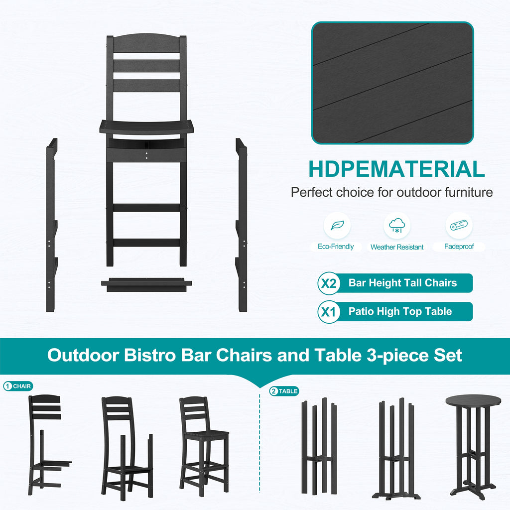 Vongrasig 3 Piece Patio Bar Set, All Weather HDPE High Bistro Stools Chair Set of 2 and Round Pub Bar Table, Outdoor High Top Patio Set for Lawn Garden, Balcony