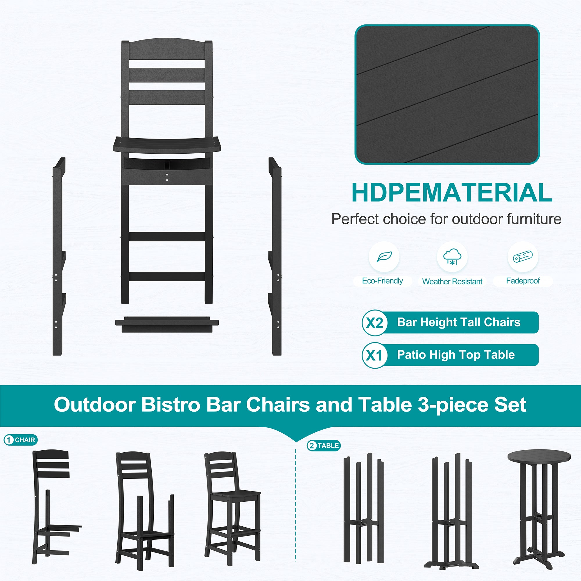 Vongrasig 3 Piece Patio Bar Set, All Weather HDPE High Bistro Stools Chair Set of 2 and Round Pub Bar Table, Outdoor High Top Patio Set for Lawn Garden, Balcony