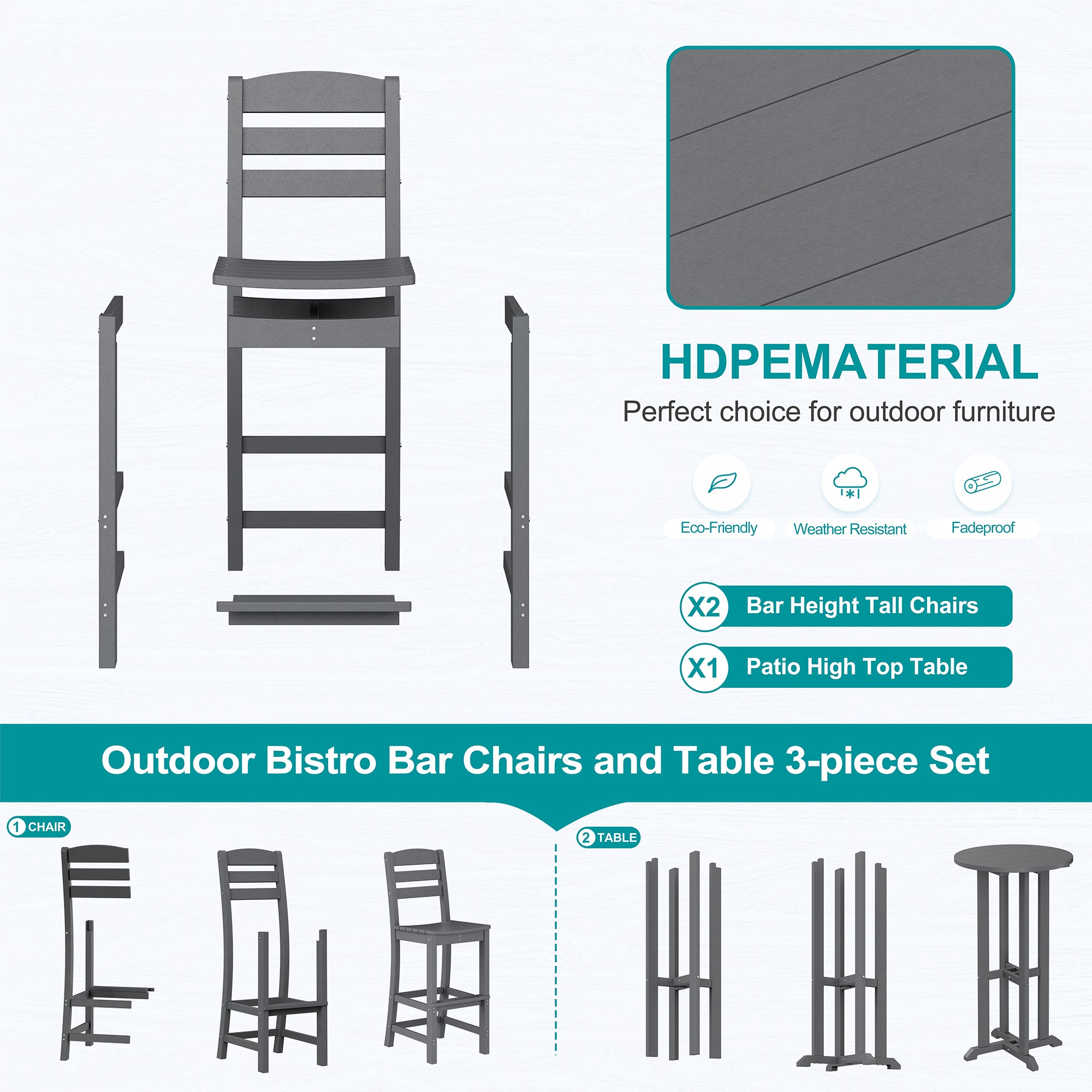 Vongrasig 3 Piece Patio Bar Set, All Weather HDPE High Bistro Stools Chair Set of 2 and Round Pub Bar Table, Outdoor High Top Patio Set for Lawn Garden, Balcony