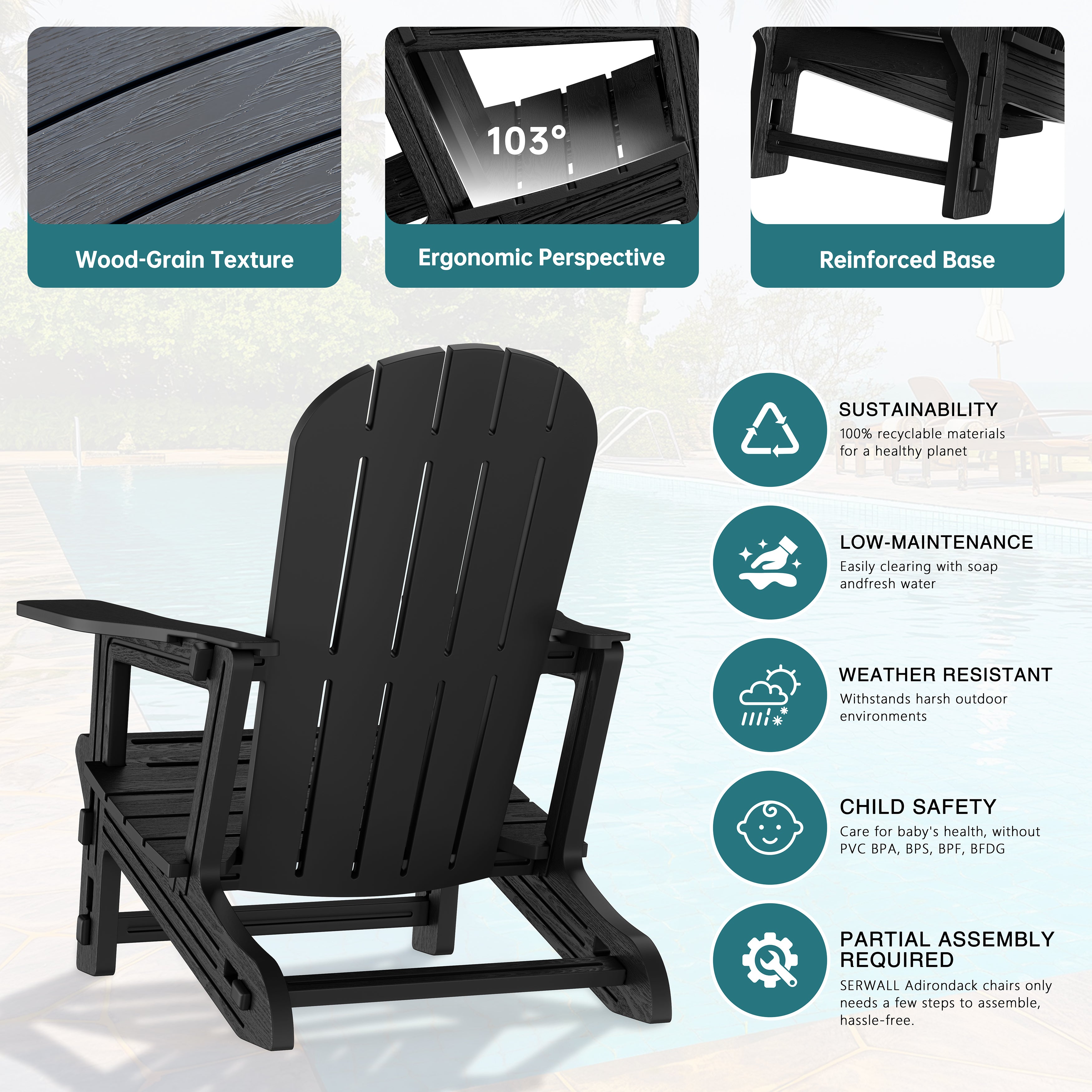 Vongrasig Adirondack Chairs Set of 2 with Removable Tabletop, Outdoor HDPE Plastic Fire Pit Chair Set with Wooden Textured, Cup Holder for Patio, Poolside, Deck, Garden