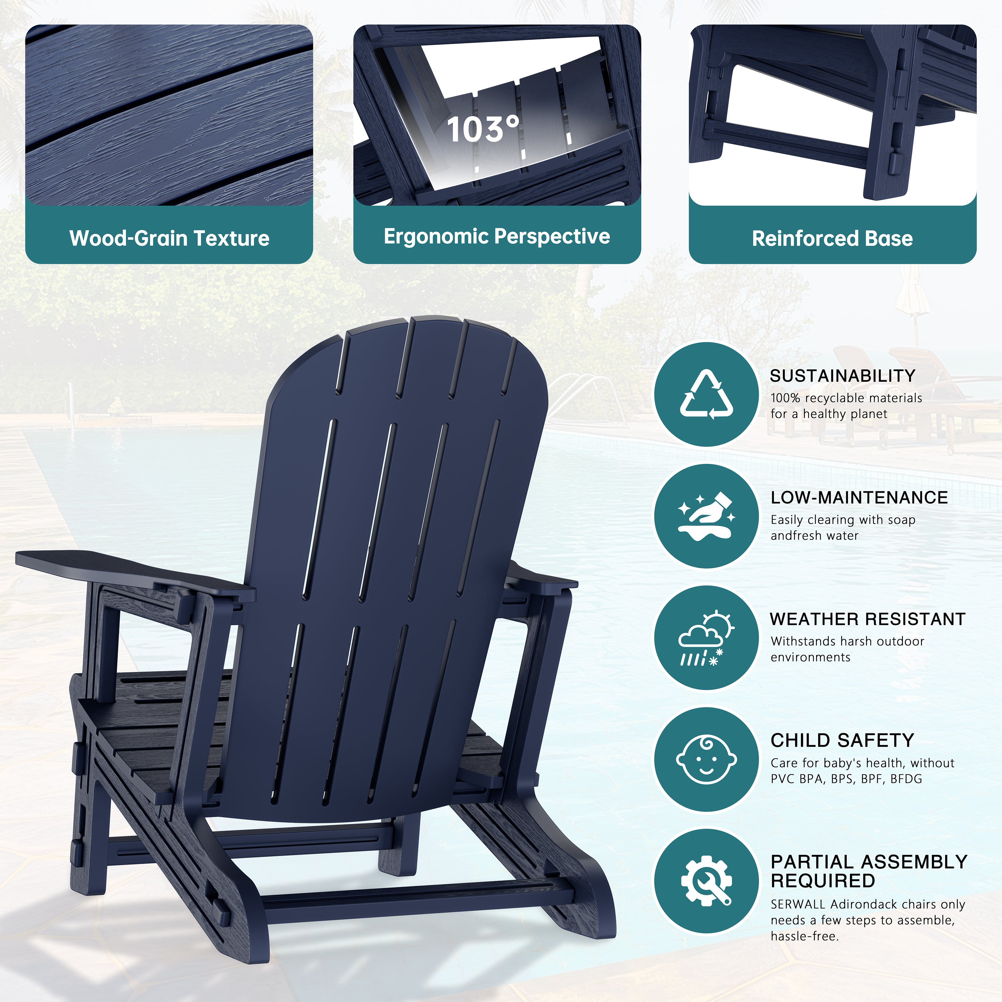 Vongrasig Adirondack Chairs Set of 2 with Removable Tabletop, Outdoor HDPE Plastic Fire Pit Chair Set with Wooden Textured, Cup Holder for Patio, Poolside, Deck, Garden