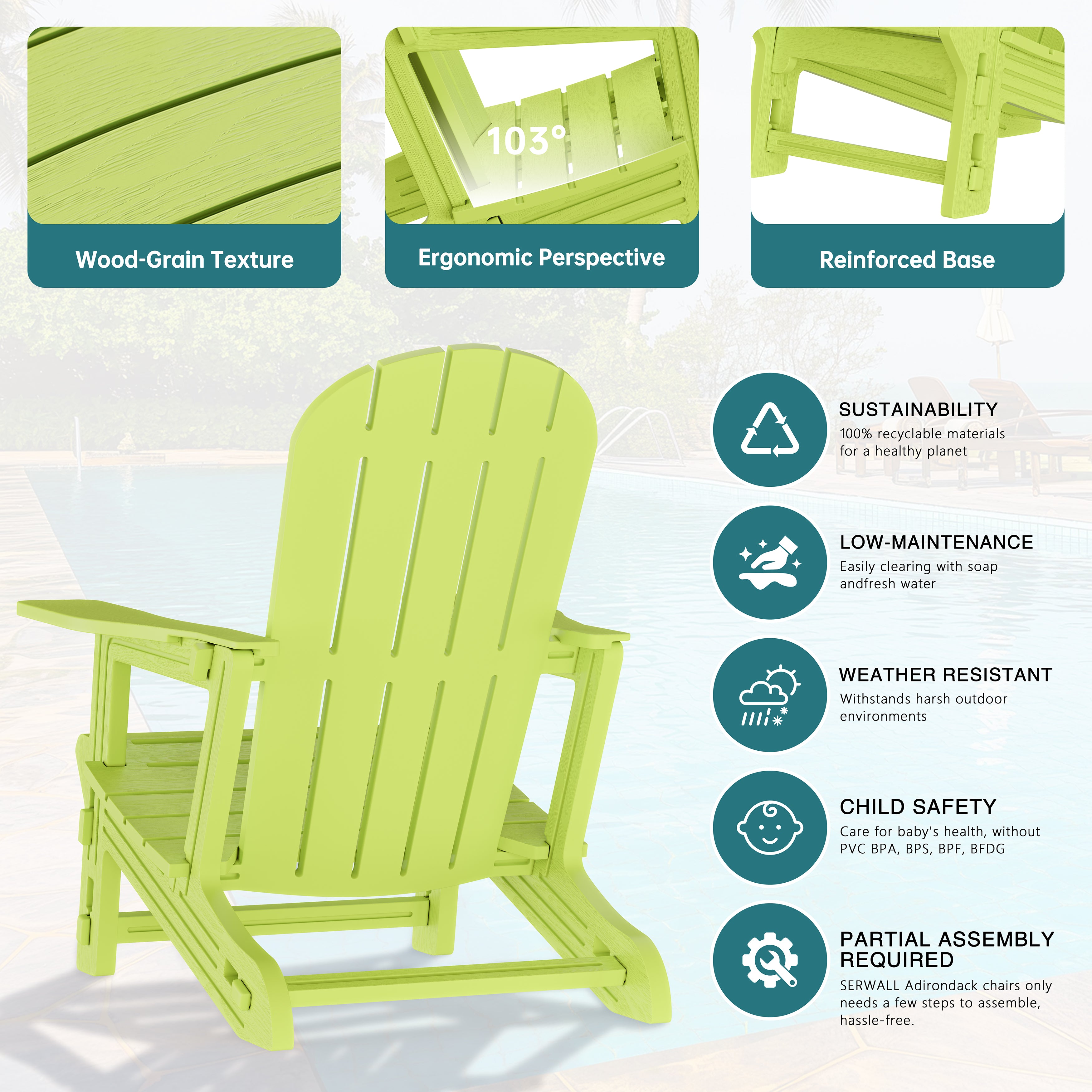 Vongrasig Adirondack Chairs Set of 2 with Removable Tabletop, Outdoor HDPE Plastic Fire Pit Chair Set with Wooden Textured, Cup Holder for Patio, Poolside, Deck, Garden
