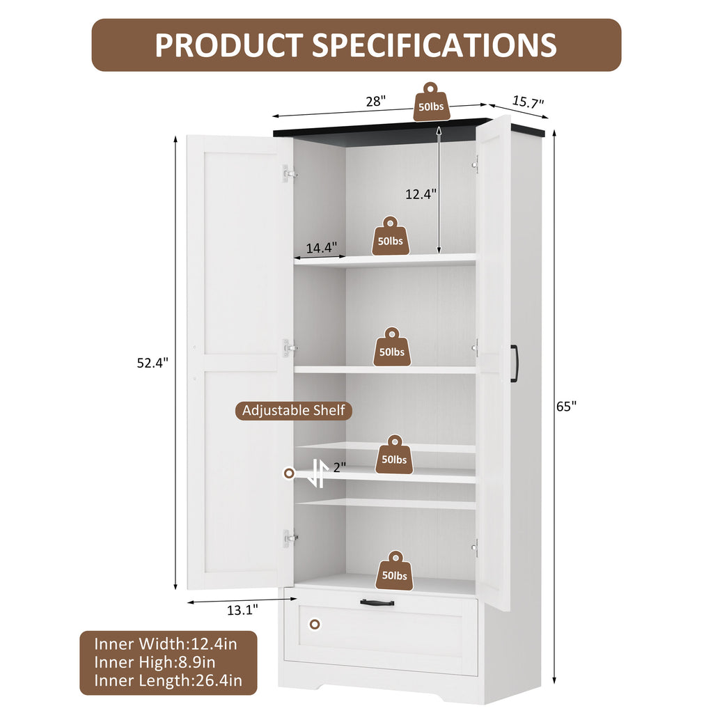 Vongrasig Kitchen Pantry Storage Cabinet with Barn Doors, Drawer and Adjustable Shelves, 4-Tier Tall Rustic Wood Cupboard Locker for Kitchen, Living Room, Bathroom, Dining Room