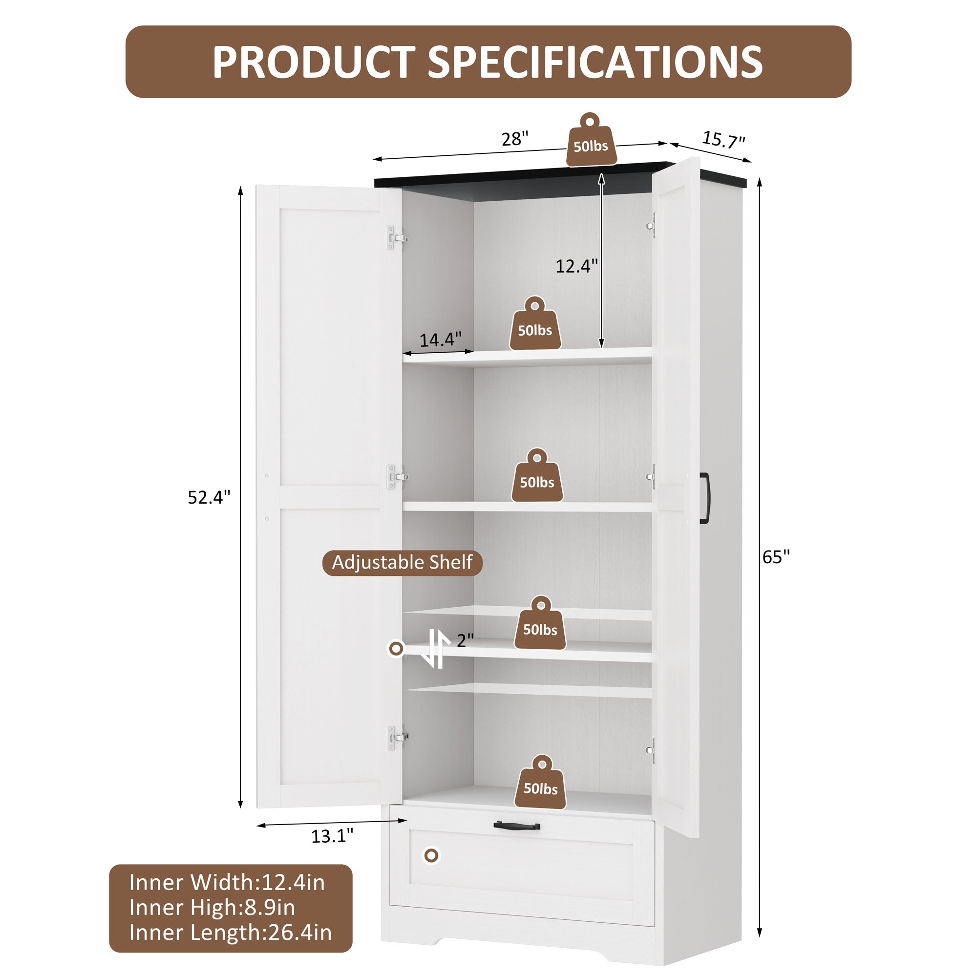 Vongrasig Kitchen Pantry Storage Cabinet with Barn Doors, Drawer and Adjustable Shelves, 4-Tier Tall Rustic Wood Cupboard Locker for Kitchen, Living Room, Bathroom, Dining Room