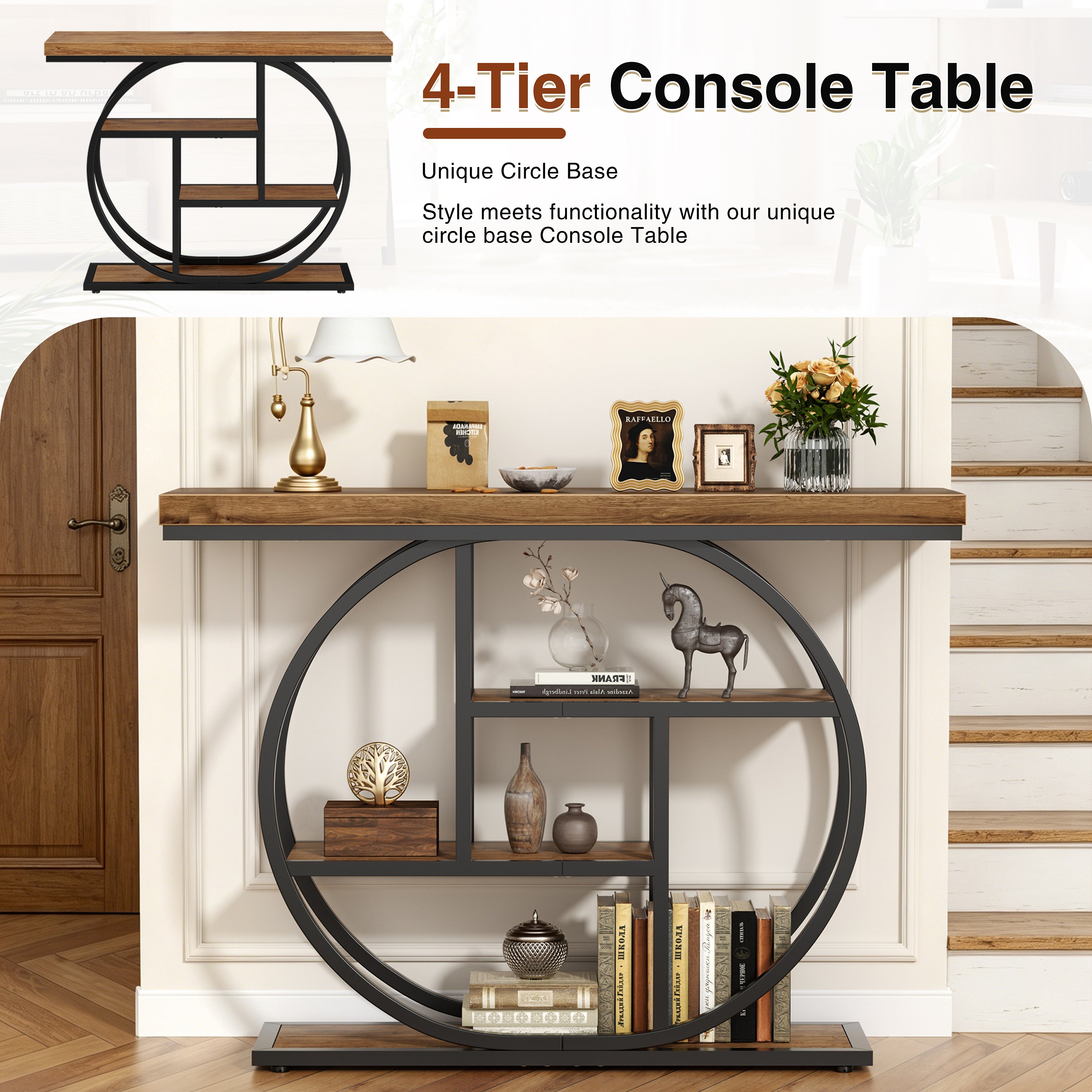 Vongrasig Console Table with Circle Base, Industrial Narrow Entryway Table with Storage, 4-Tier Wood Sofa Table for Living Room, Hallway