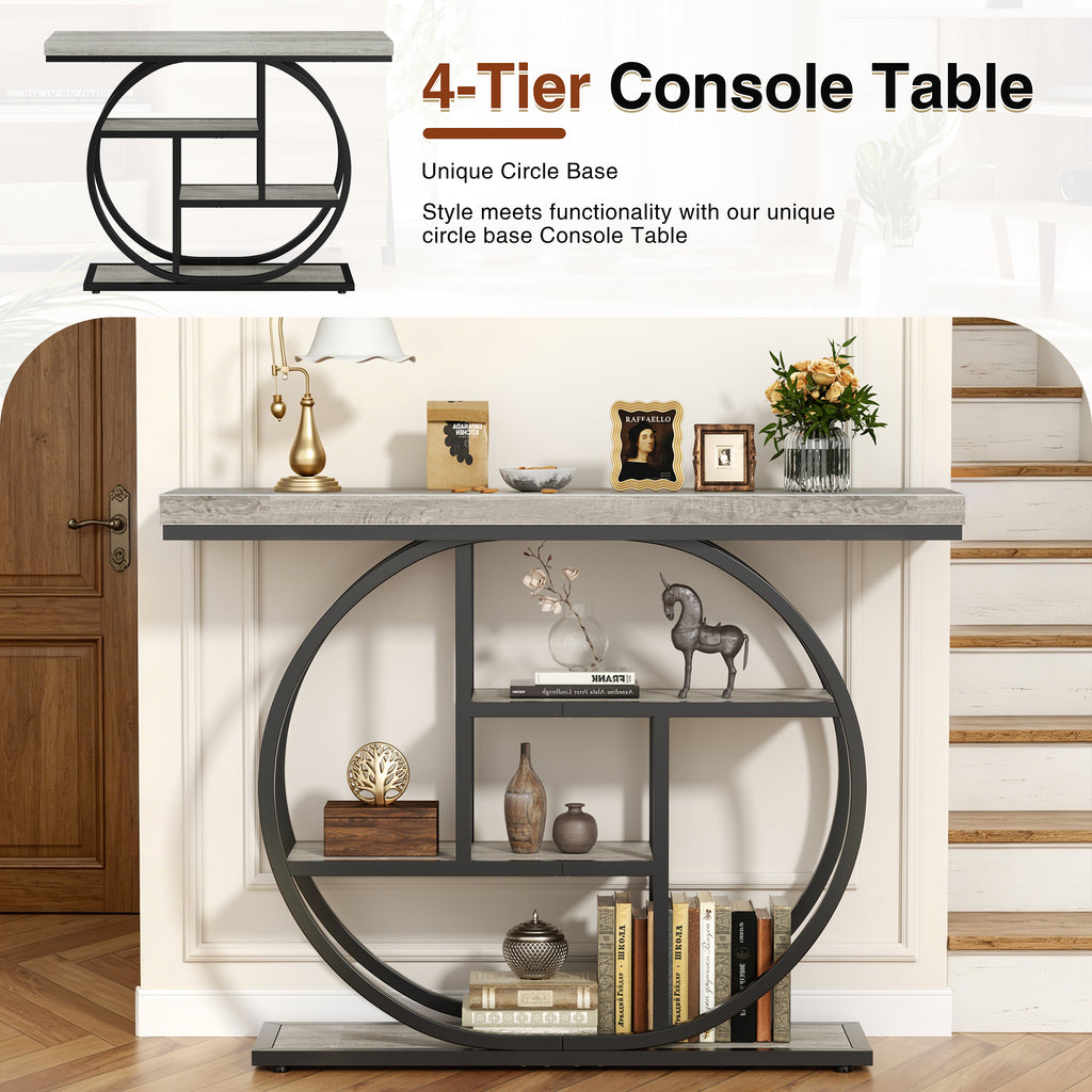 Vongrasig Console Table with Circle Base, Industrial Narrow Entryway Table with Storage, 4-Tier Wood Sofa Table for Living Room, Hallway