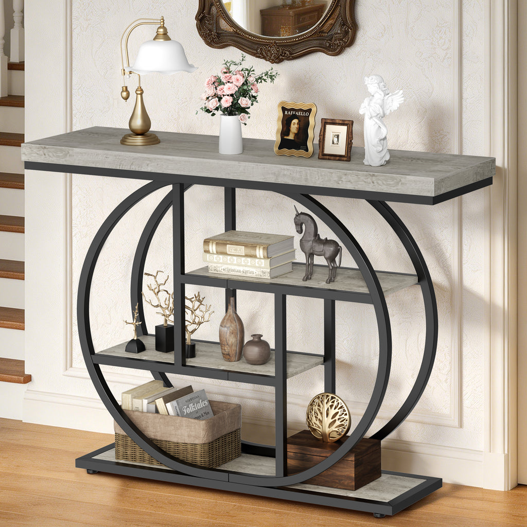 Vongrasig Console Table with Circle Base, Industrial Narrow Entryway Table with Storage, 4-Tier Wood Sofa Table for Living Room, Hallway