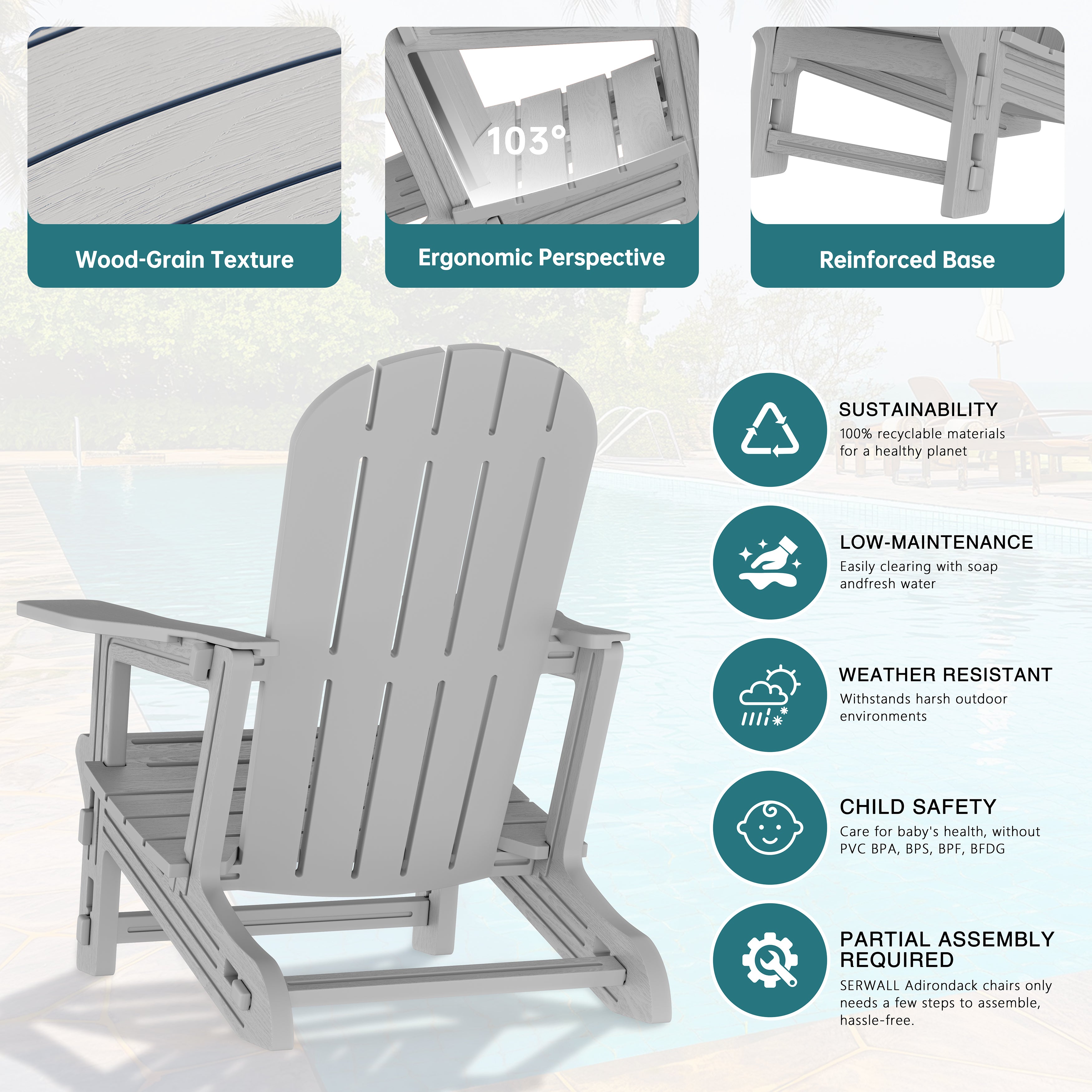Vongrasig Adirondack Chairs Set of 2 with Removable Tabletop, Outdoor HDPE Plastic Fire Pit Chair Set with Wooden Textured, Cup Holder for Patio, Poolside, Deck, Garden