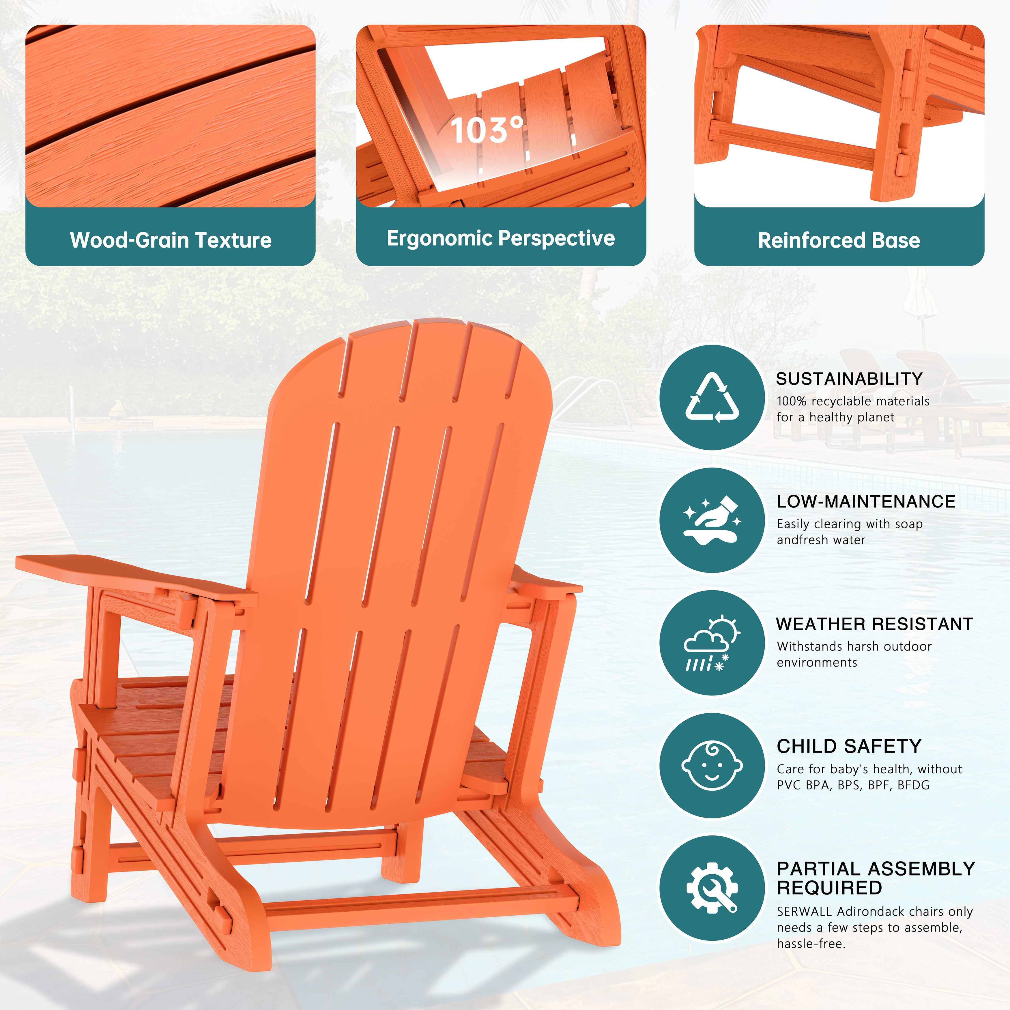 Vongrasig Adirondack Chairs Set of 2 with Removable Tabletop, Outdoor HDPE Plastic Fire Pit Chair Set with Wooden Textured, Cup Holder for Patio, Poolside, Deck, Garden