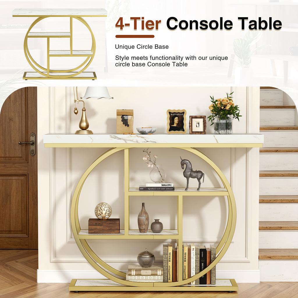 Vongrasig Console Table with Circle Base, Industrial Narrow Entryway Table with Storage, 4-Tier Wood Sofa Table for Living Room, Hallway