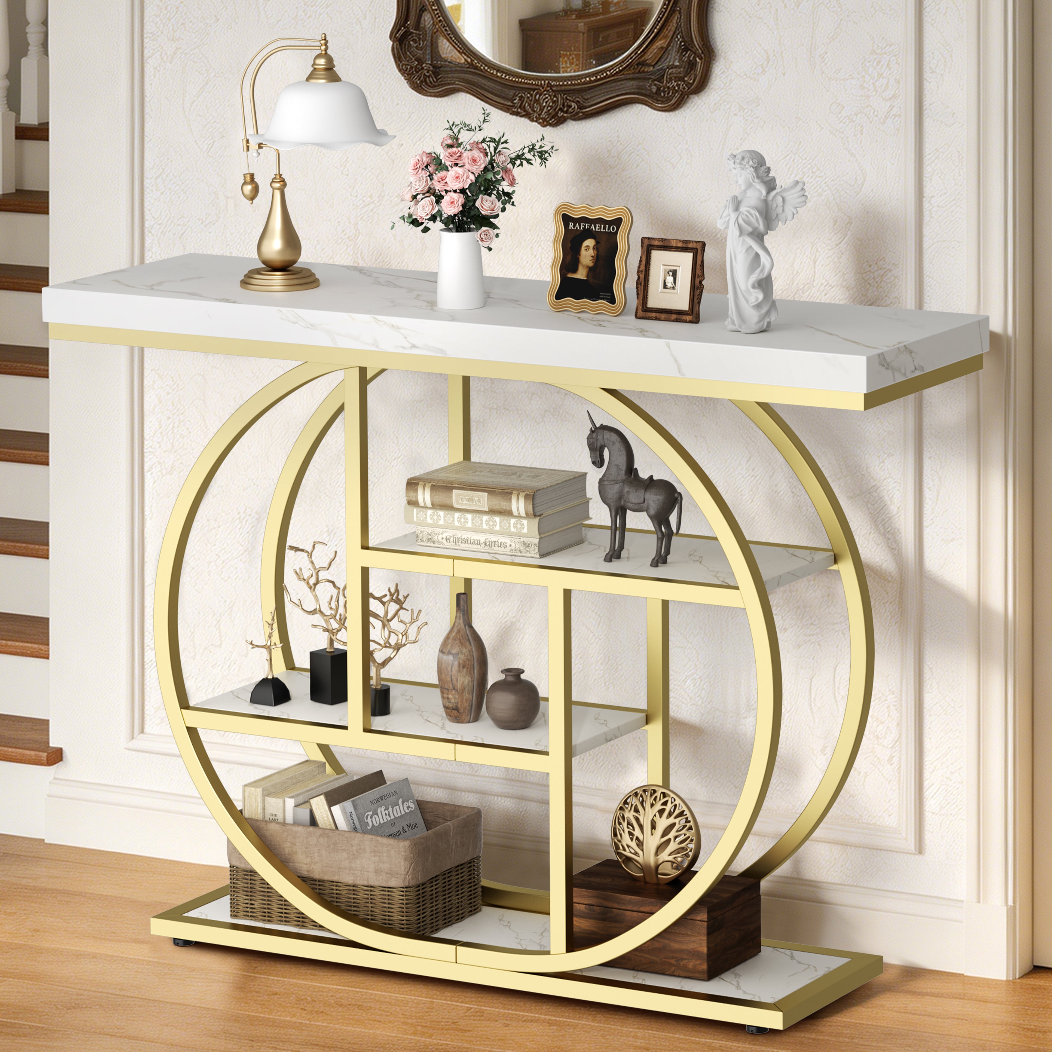 Vongrasig Console Table with Circle Base, Industrial Narrow Entryway Table with Storage, 4-Tier Wood Sofa Table for Living Room, Hallway