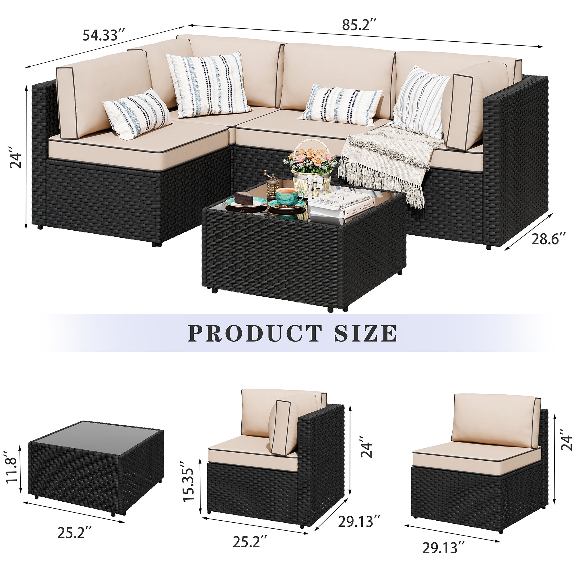 Vongrasig Patio Furniture 5 Pieces Outdoor Sectional Sofa, Black Wicker