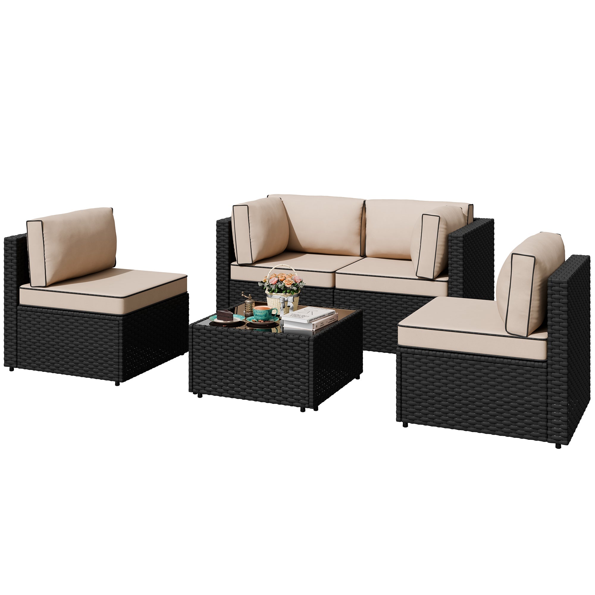 Vongrasig Patio Furniture 5 Pieces Outdoor Sectional Sofa, Black Wicker