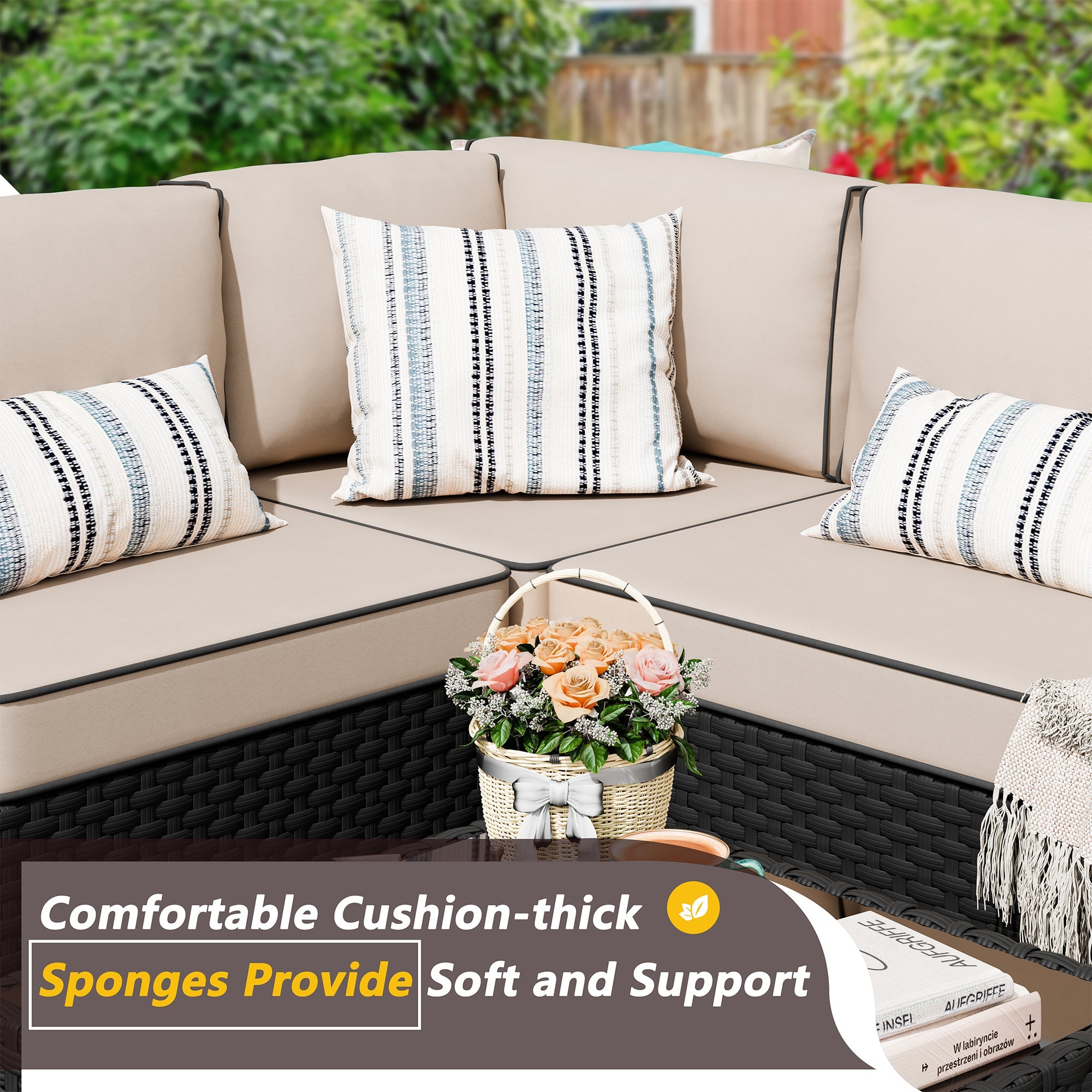Vongrasig Patio Furniture 5 Pieces Outdoor Sectional Sofa, Black Wicker