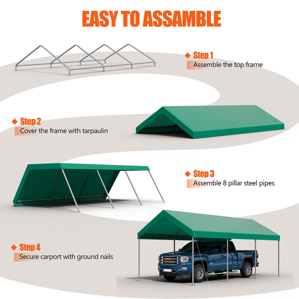 Walsunny Carport 10 x 20 ft Heavy Duty Carport Car Canopy with Powder-Coated Steel Frame,  Shelter Party Tent with 180g PE Tarp for Wedding, Garden (7404386713776)