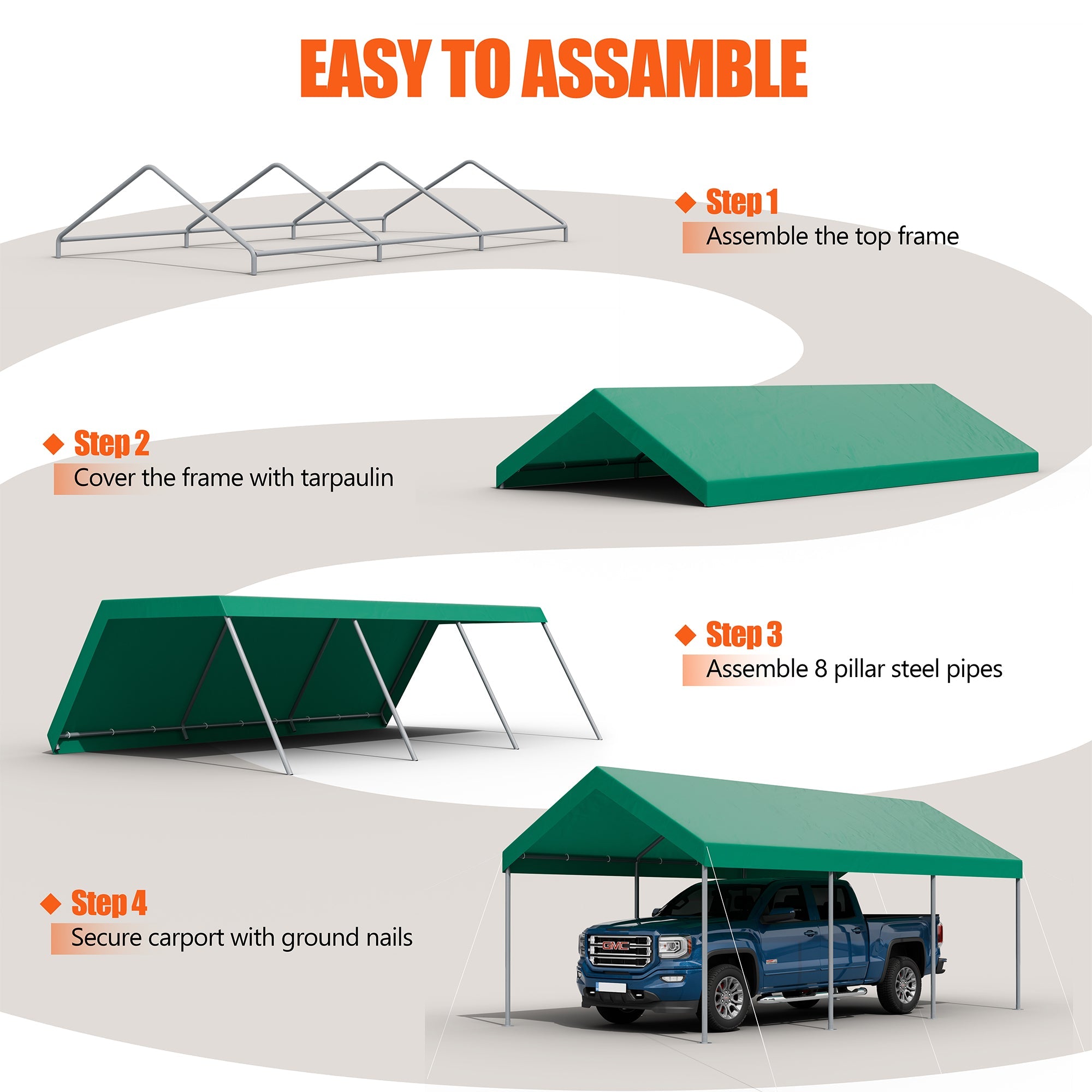 Walsunny Carport 10 x 20 ft Heavy Duty Carport Car Canopy with Powder-Coated Steel Frame,  Shelter Party Tent with 180g PE Tarp for Wedding, Garden (7404386713776)