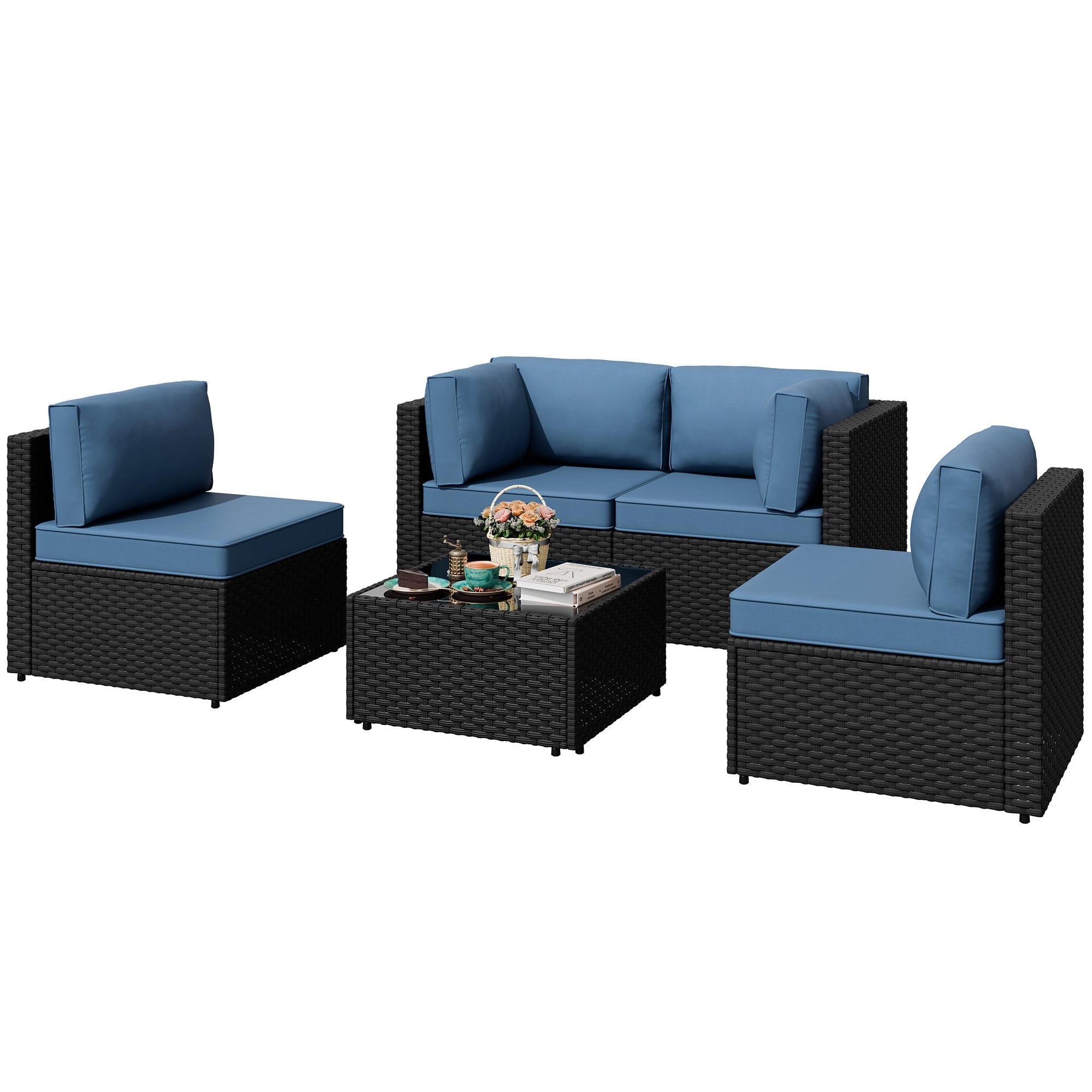 Vongrasig Patio Furniture 5 Pieces Outdoor Sectional Sofa, Black Wicker