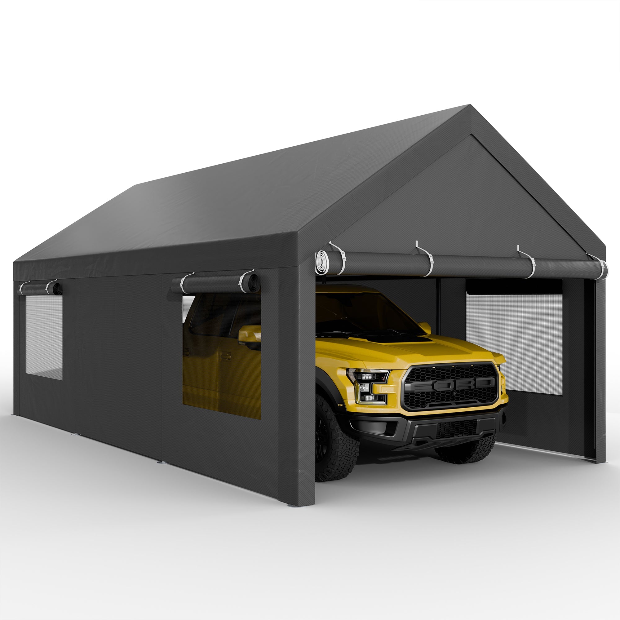 Walsunny Carport, 10x20 ft Heavy Duty Carport Canopy with Roll-up Windows, Portable Garage with Removable Sidewalls & Doors (7404387467440)