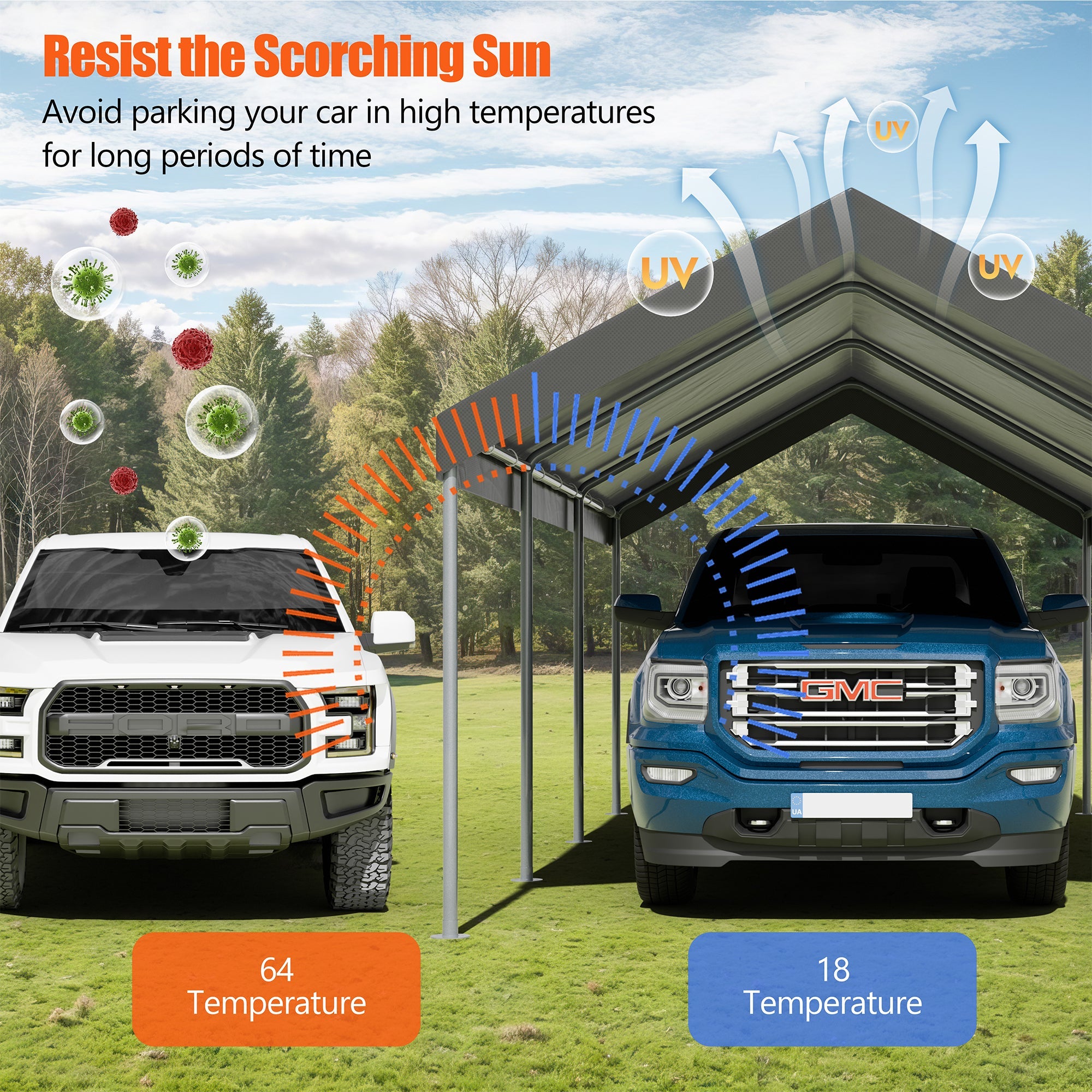 Walsunny Carport 10 x 20 ft Heavy Duty Carport Car Canopy with Powder-Coated Steel Frame,  Shelter Party Tent with 180g PE Tarp for Wedding, Garden (7404386713776)