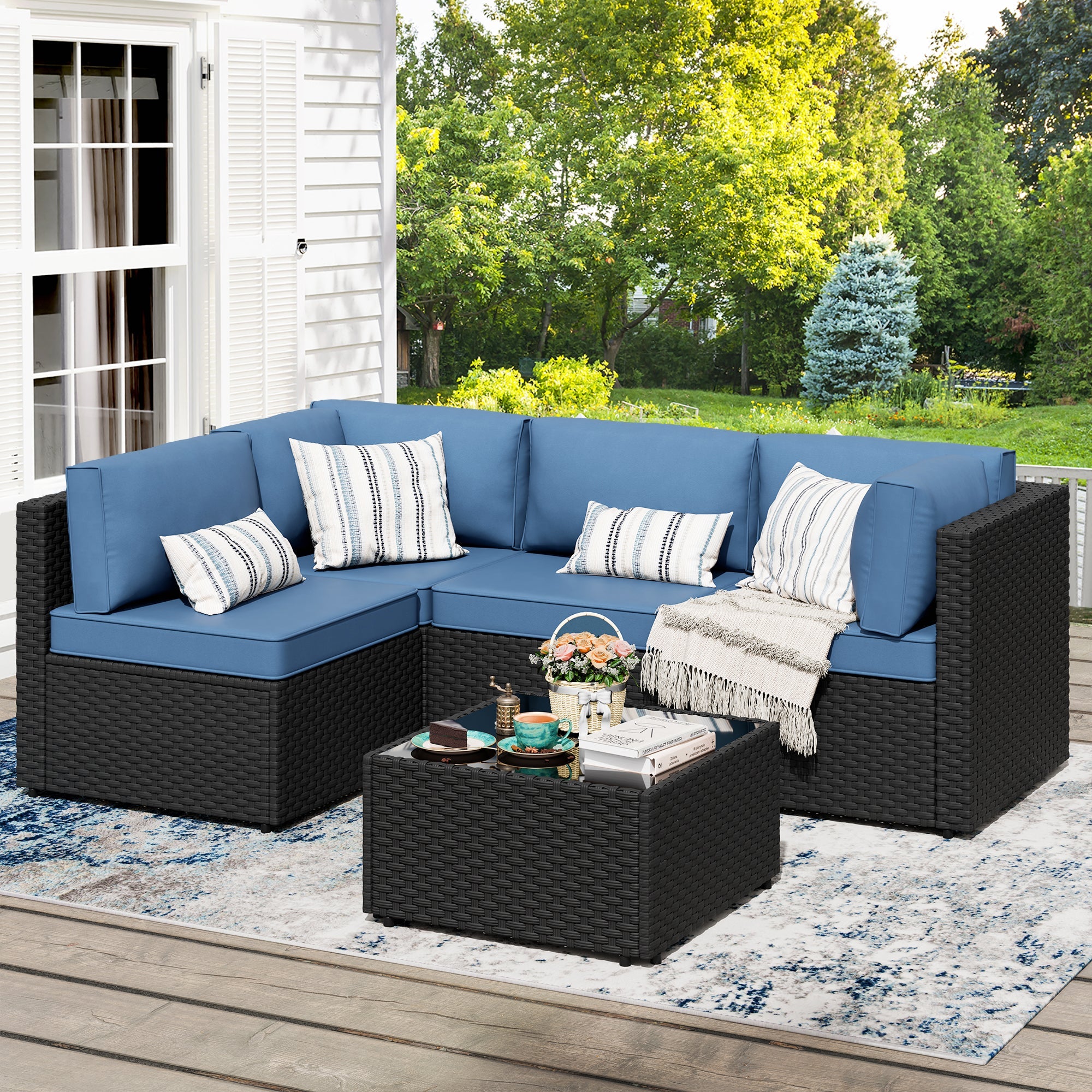 Vongrasig Patio Furniture 5 Pieces Outdoor Sectional Sofa, Black Wicker