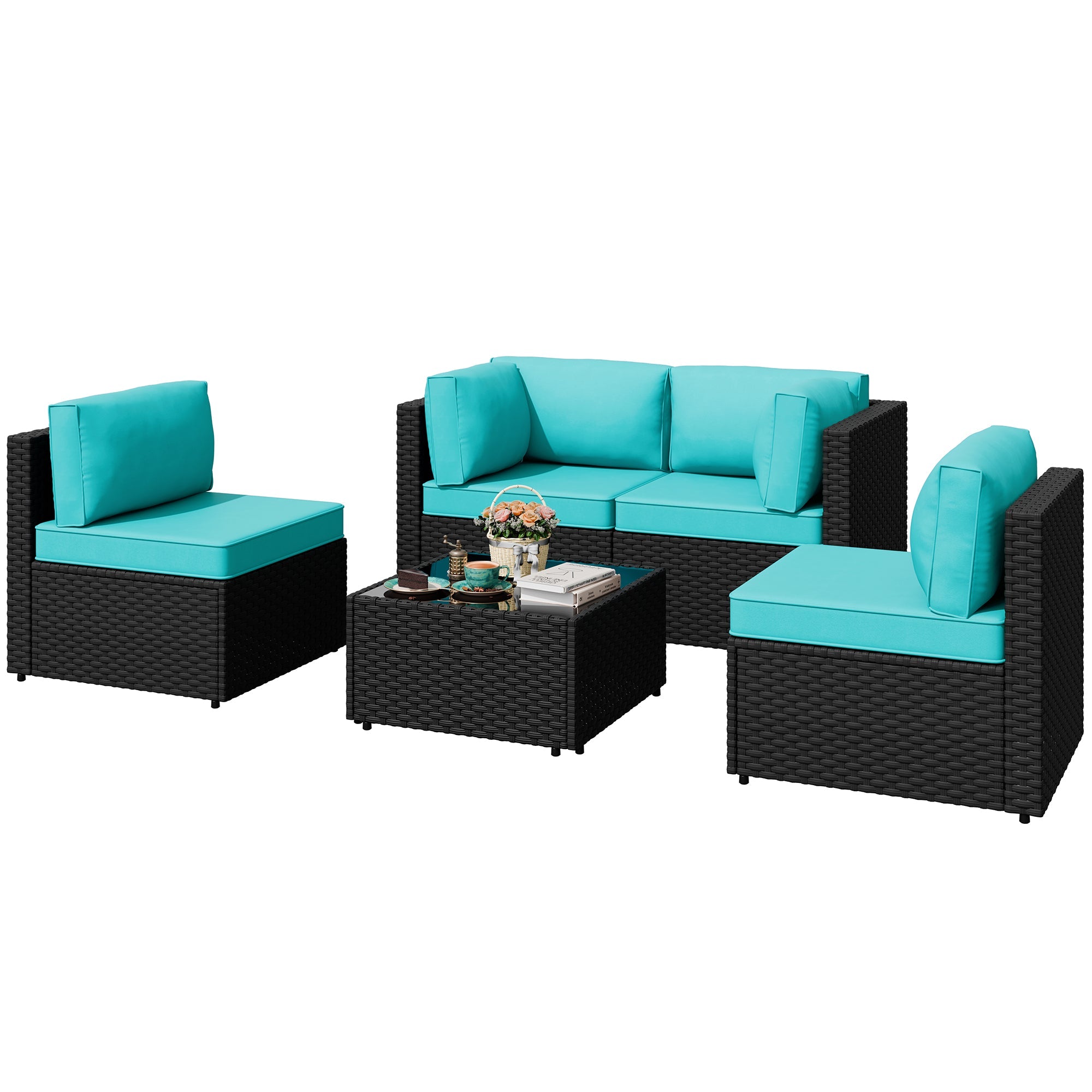 Vongrasig Patio Furniture 5 Pieces Outdoor Sectional Sofa, Black Wicker