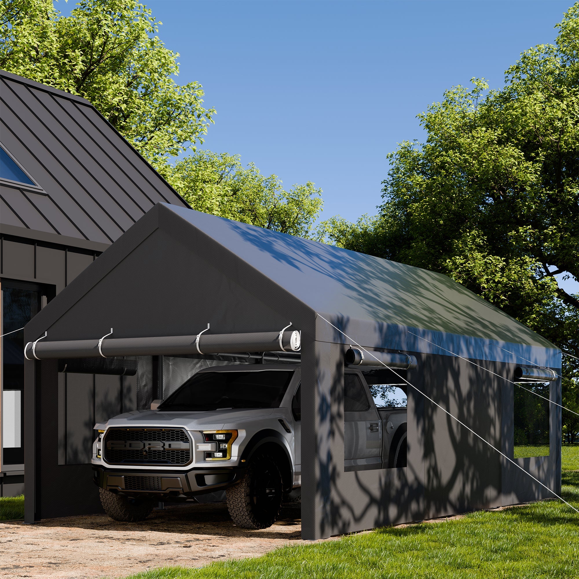 Walsunny Carport, 10x20 ft Heavy Duty Carport Canopy with Roll-up Windows, Portable Garage with Removable Sidewalls & Doors (7404387467440)