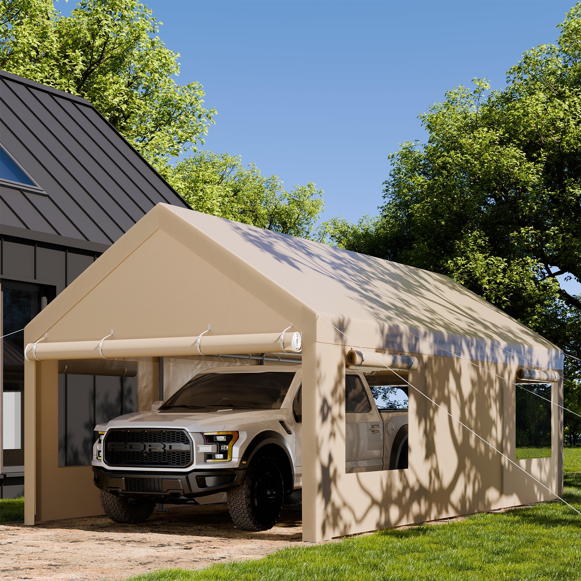 Walsunny Carport, 10x20 ft Heavy Duty Carport Canopy with Roll-up Windows, Portable Garage with Removable Sidewalls & Doors (7404387467440)