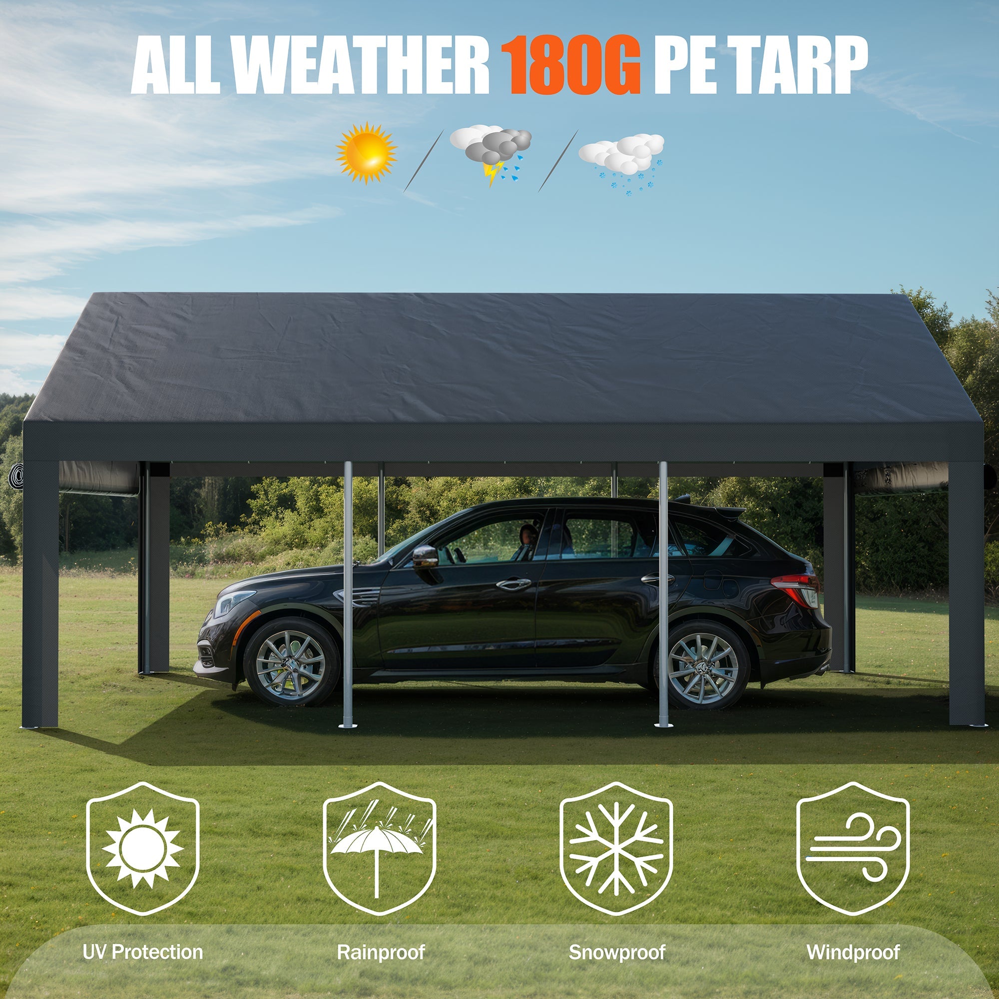 Walsunny Carport, 10x20 ft Heavy Duty Carport Canopy with Roll-up Windows, Portable Garage with Removable Sidewalls & Doors (7404387467440)