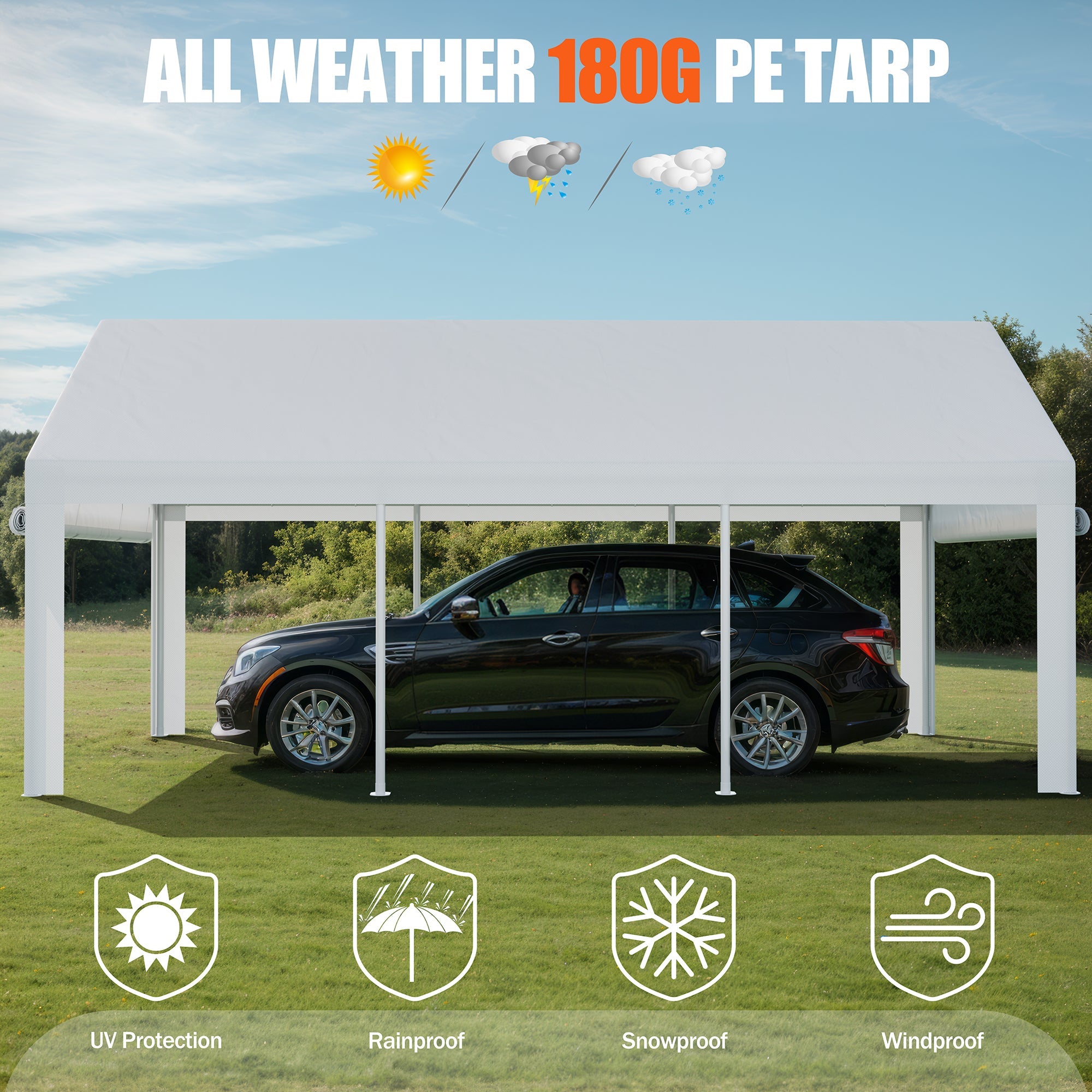 Walsunny Carport, 10x20 ft Heavy Duty Carport Canopy with Roll-up Windows, Portable Garage with Removable Sidewalls & Doors (7404387467440)