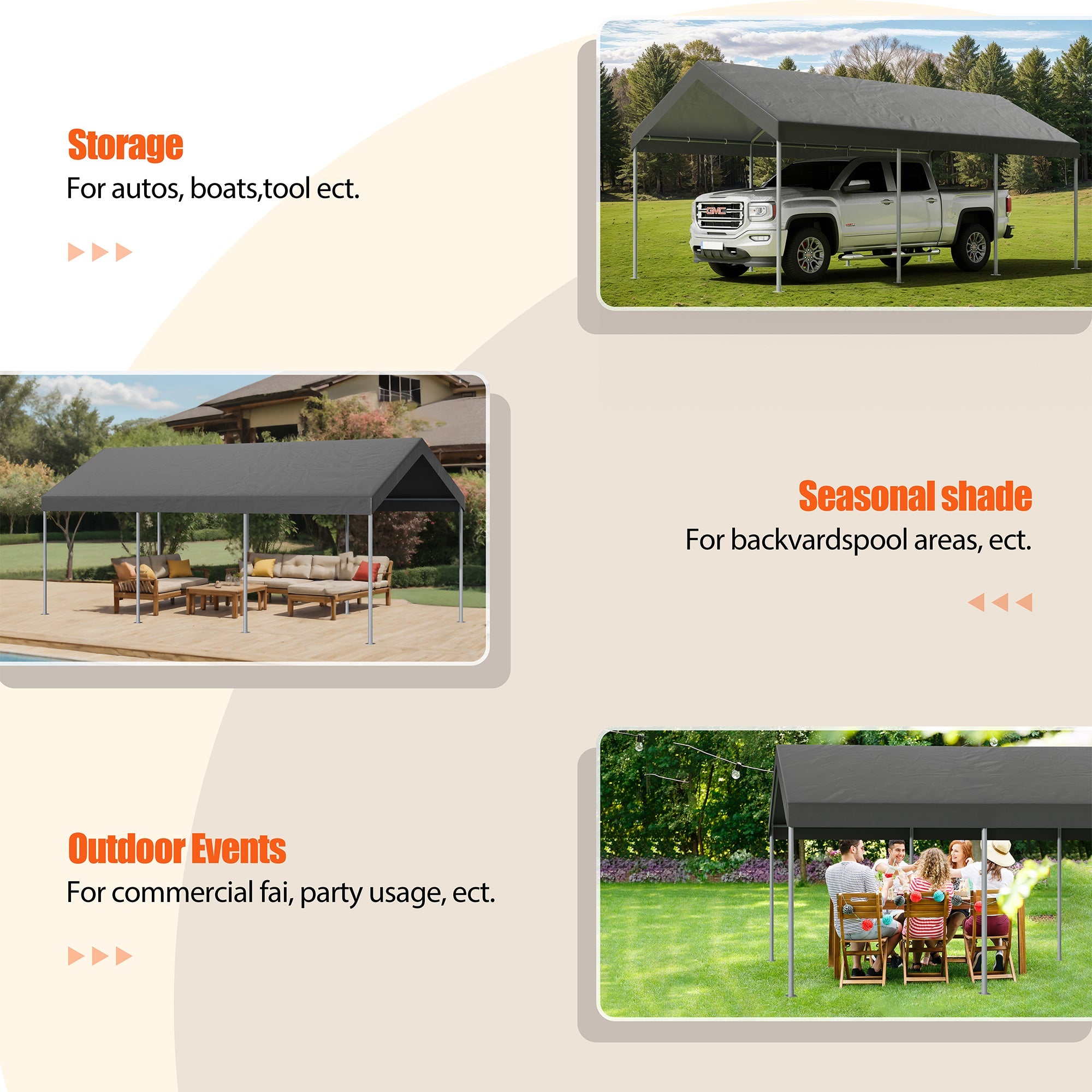 Walsunny Carport 10 x 20 ft Heavy Duty Carport Car Canopy with Powder-Coated Steel Frame,  Shelter Party Tent with 180g PE Tarp for Wedding, Garden (7404386713776)