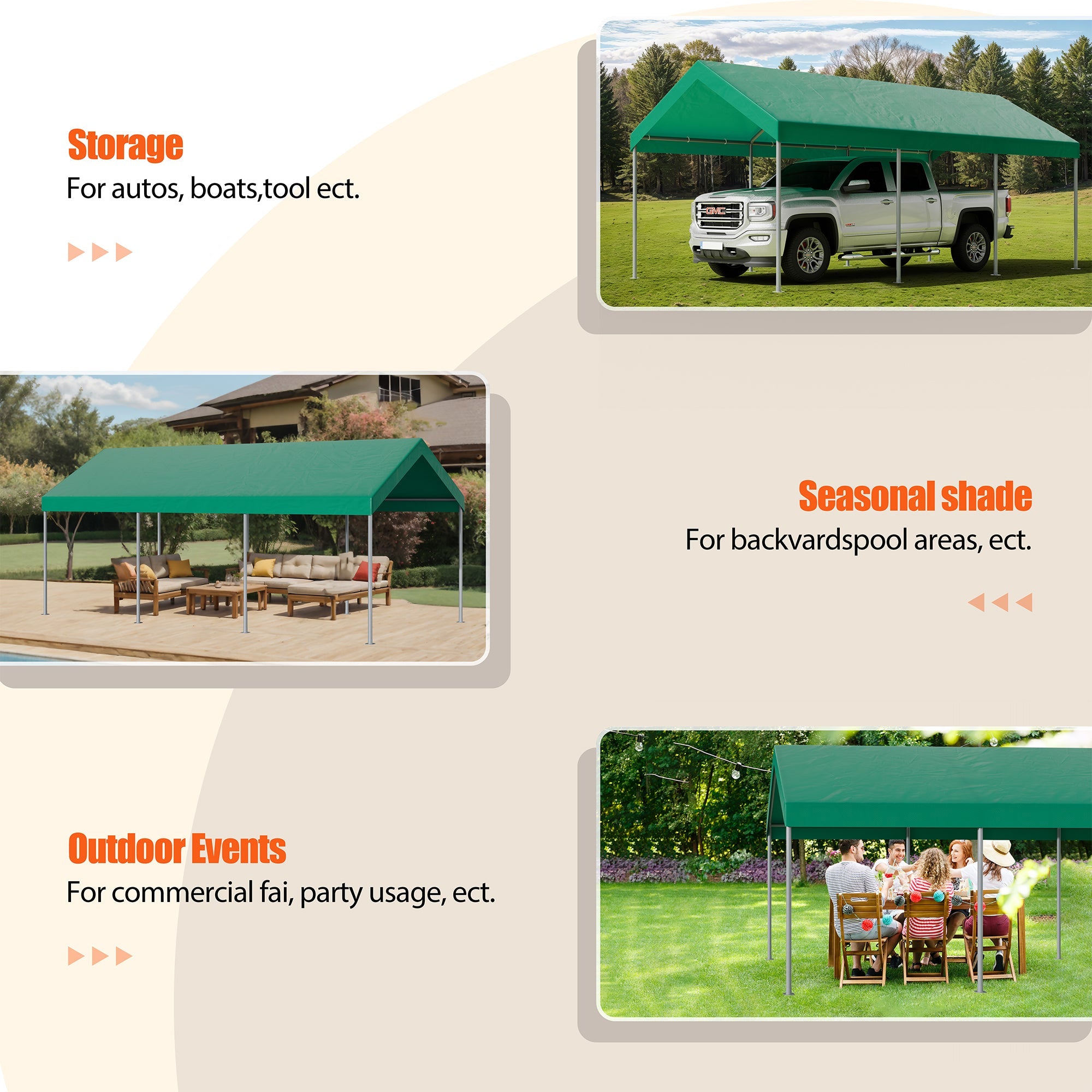 Walsunny Carport 10 x 20 ft Heavy Duty Carport Car Canopy with Powder-Coated Steel Frame,  Shelter Party Tent with 180g PE Tarp for Wedding, Garden (7404386713776)