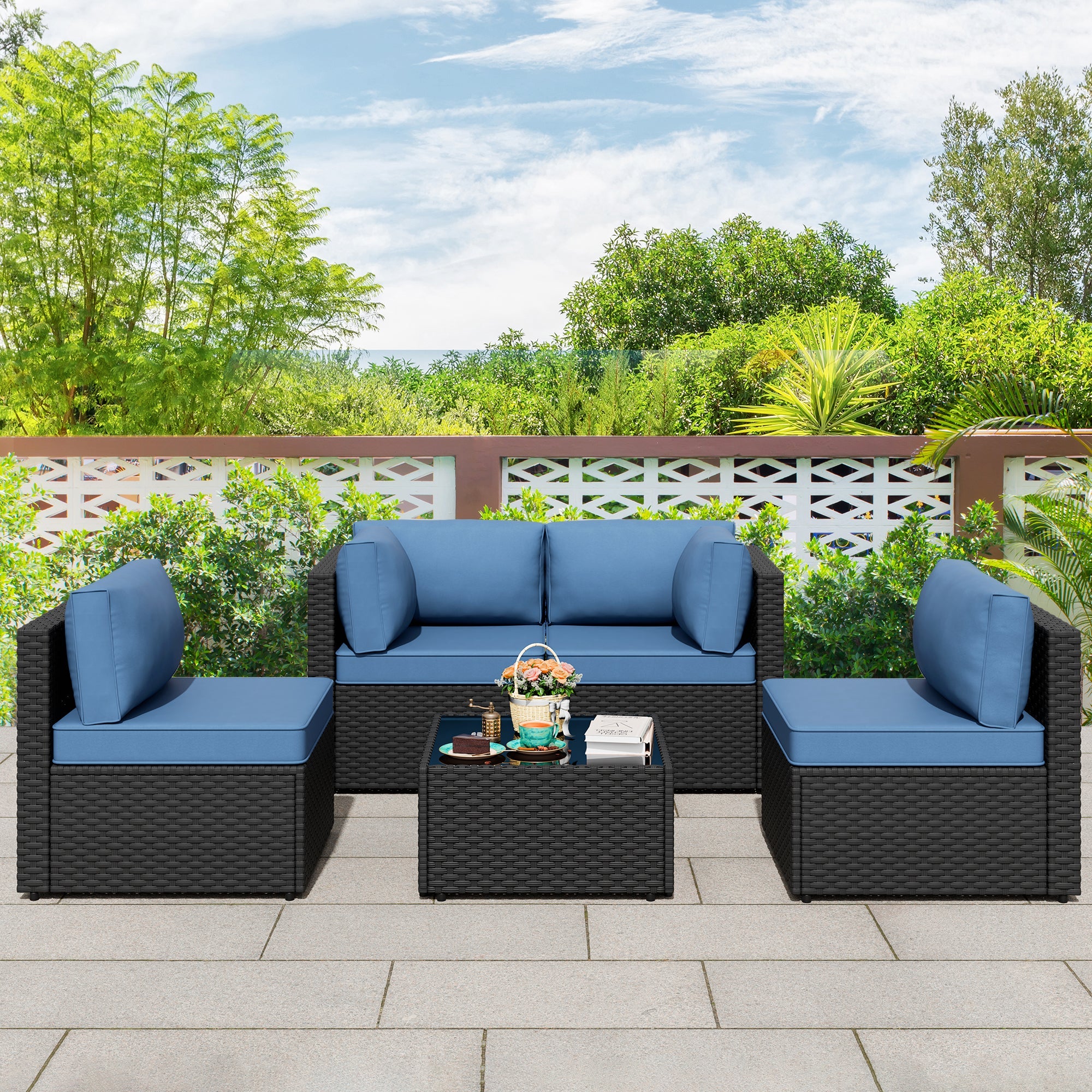 Vongrasig Patio Furniture 5 Pieces Outdoor Sectional Sofa, Black Wicker